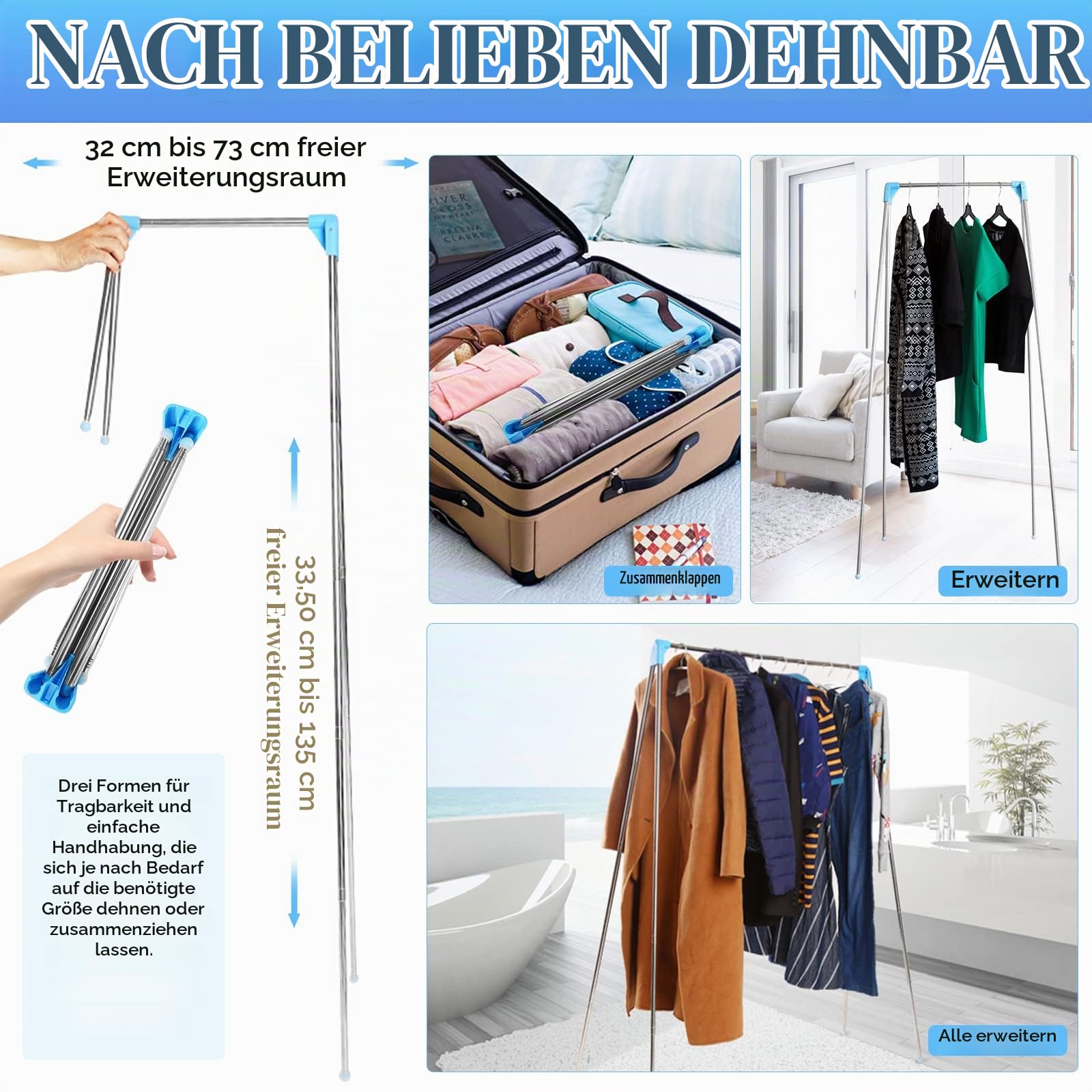 Roadtime Tragbarer Reise Kleiderständer 13-28 Zoll Einziehbarer | Wäscheständer, Zusammenklappbarer Bodenständer, Kleiderstänge, für die Wäsche zu Hause, Camping, Reisen im Freien