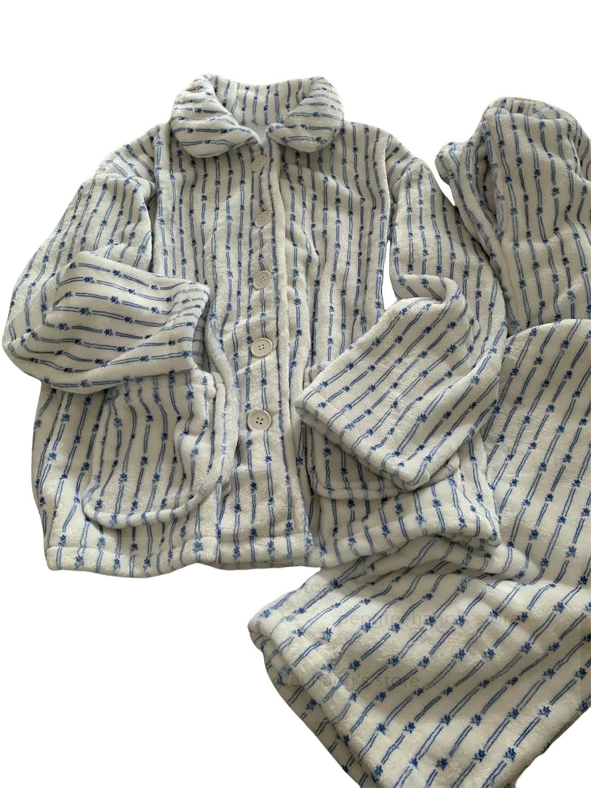 WANGQIQI Pigiama Pigiami Invernali da Donna Set A Casa-Striscia Blu-Una Taglia