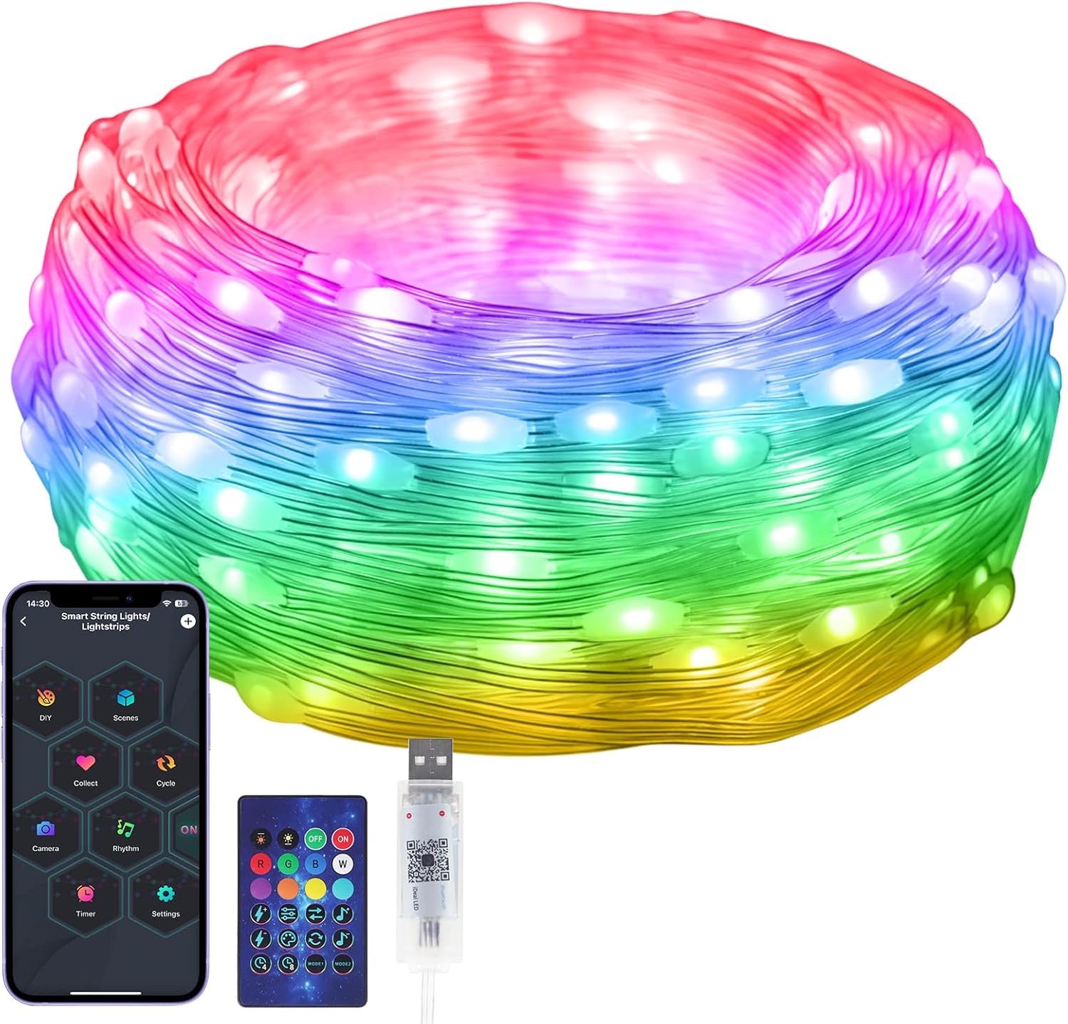 RGB Smart IC String Lights Indoor 16FT/5M [APP & Remote Control], 50 LEDs Multicolor Fairy Lights, USB Powered & IP65 Waterproof, Music/Voice Sync, Fairy String Lights for Christmas, Party