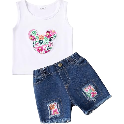 Mikrdoo Baby Girl Clothes Toddler Girl Summer Outfits Shirts Tops Ripped Denim Shorts Set Little Girl Clothes