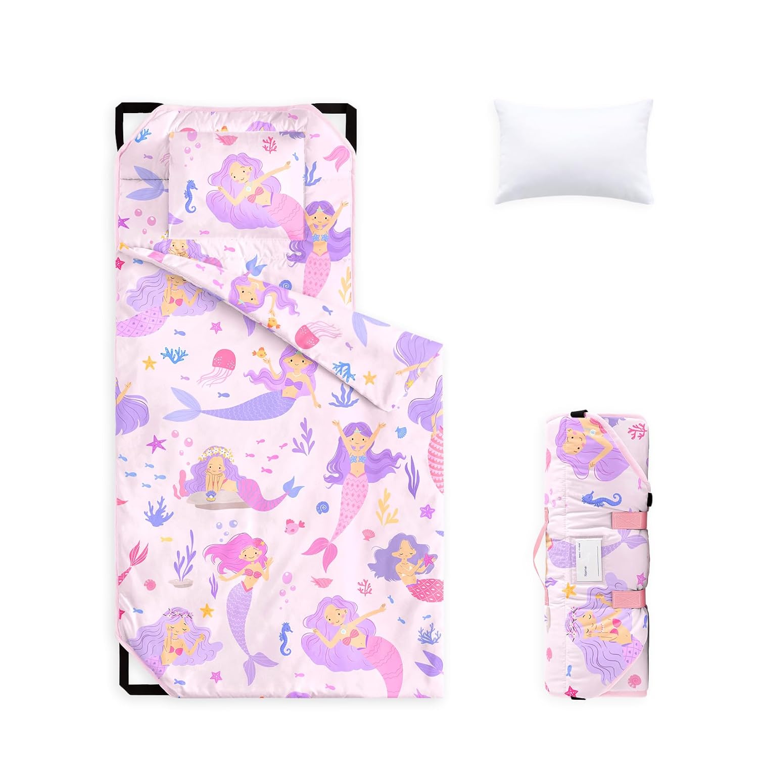 Wake In Cloud - Cot Nap Mat with Pillow and Blanket, for Toddler Kids Girls in Daycare Kindergarten Preschool Pre K with Elastic Corner Straps, Mermaid Ocean Sea Animal 52"x22" Light Pink - Image 1 of 6