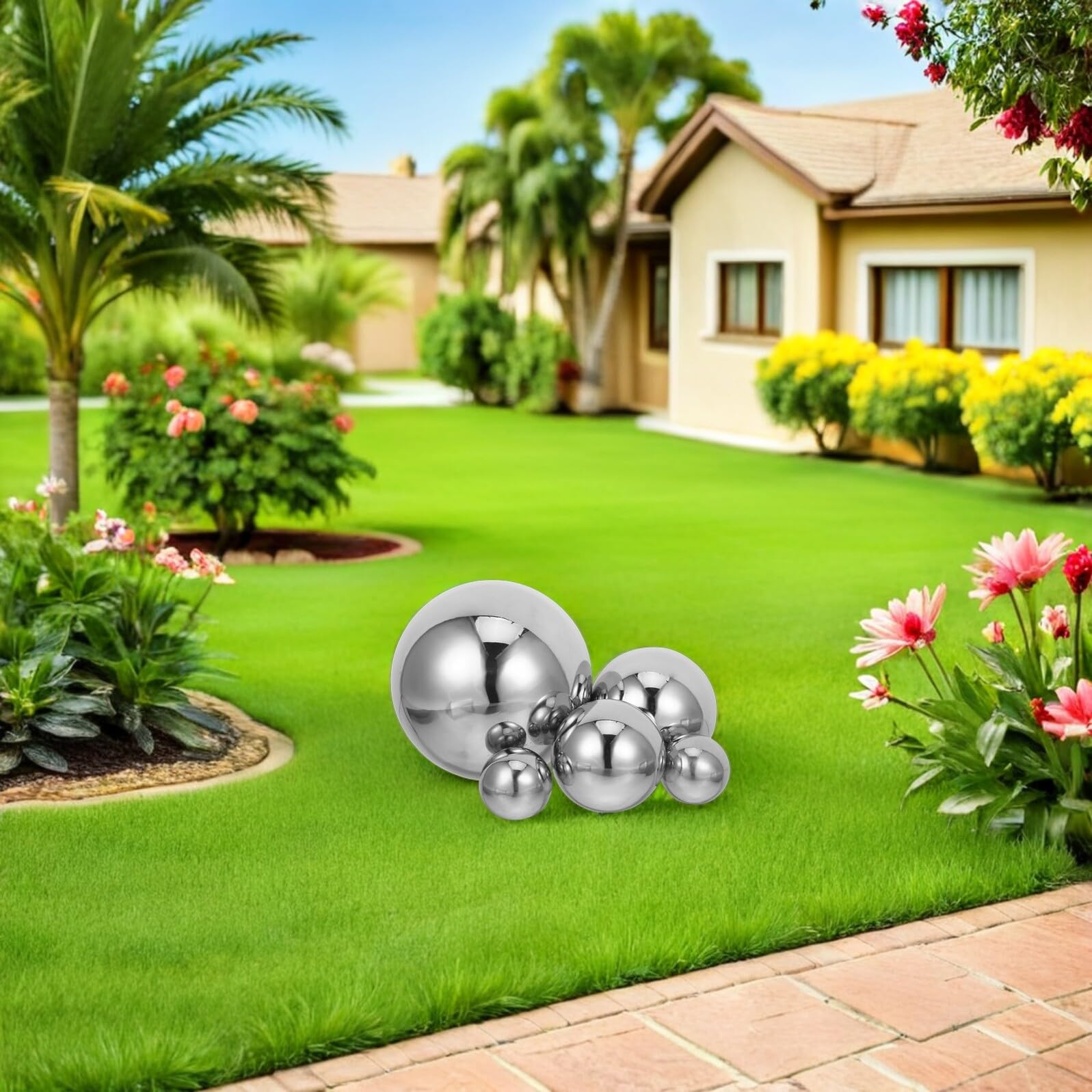 Sfere Decorative da Giardino in Acciaio Inox 201, Set 8 Pezzi (150/100/80/50 Mm), Sfera Cava a Specchio Resistente alle Intemperie per Esterni, Ornamento Paesaggistico Riflettente