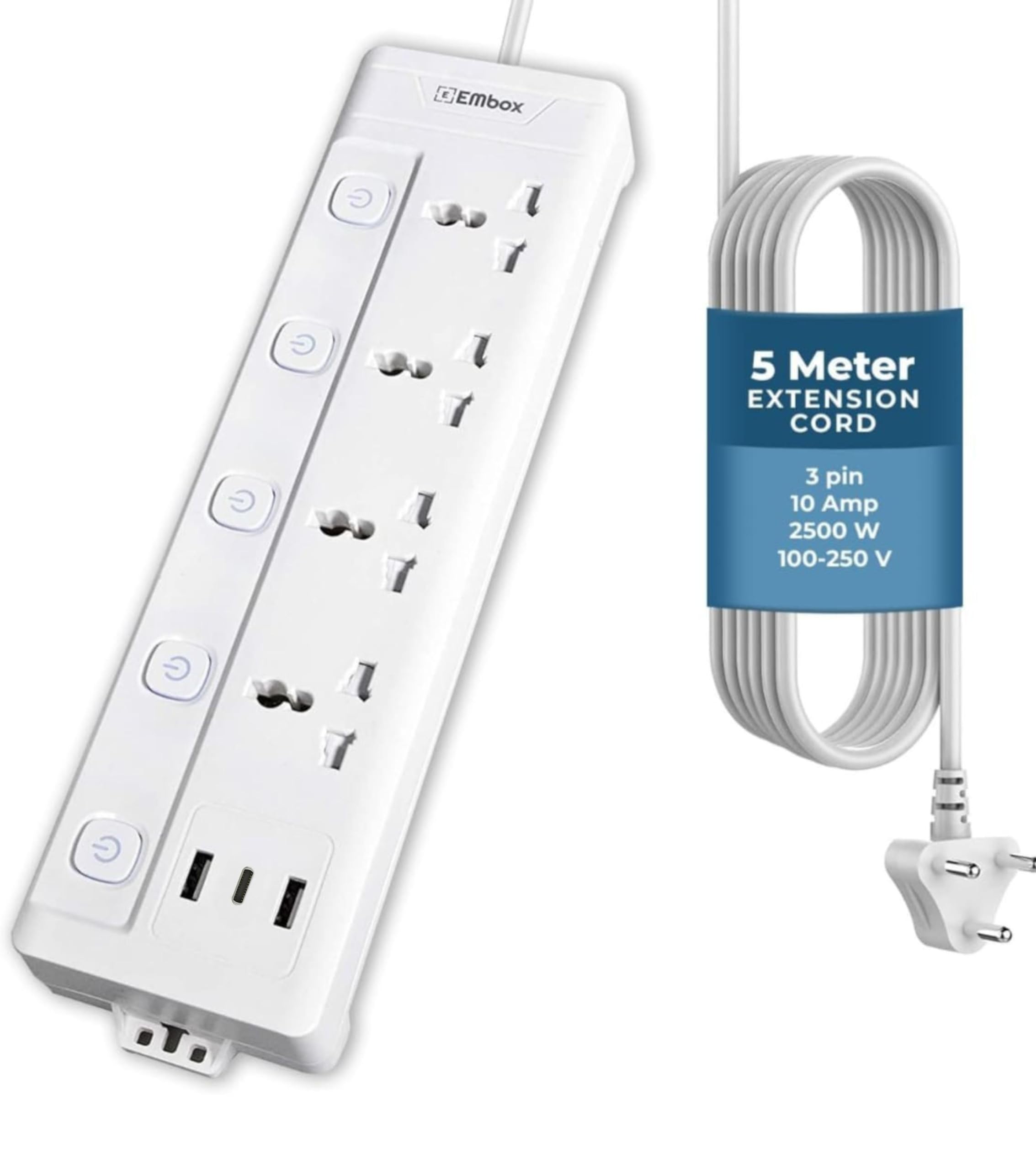 Embox Extension Board 5 Meter Cable with USB Type C| Extension Board with Switches 4 Universal Sockets 6A Spike Guard | LED Indicator 2500W Extension Cord-image-48
