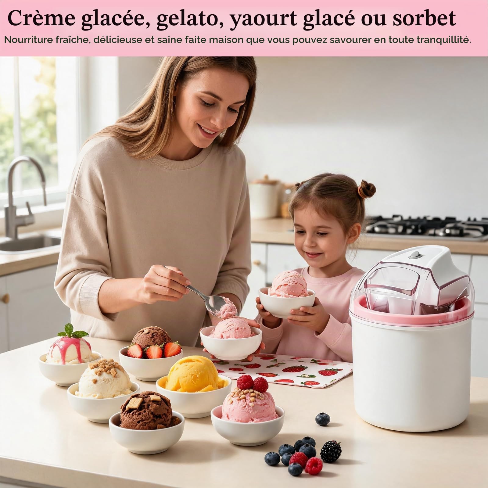 Machine à glace 1,6L, pour glace molle, glace, sorbet et yaourt glacé