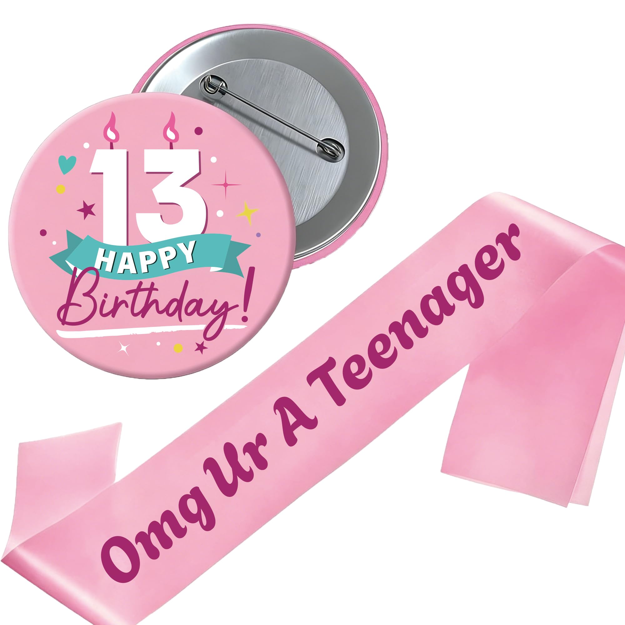 Bcxiuso 13th Birthday Sash Badge Girls - 2 Pcs Pink Omg Ur A Teenager Sash with Official Teenager Pin Badge Set for Teen Girl Happy 13 Year Old Girl Party Accessory Gift