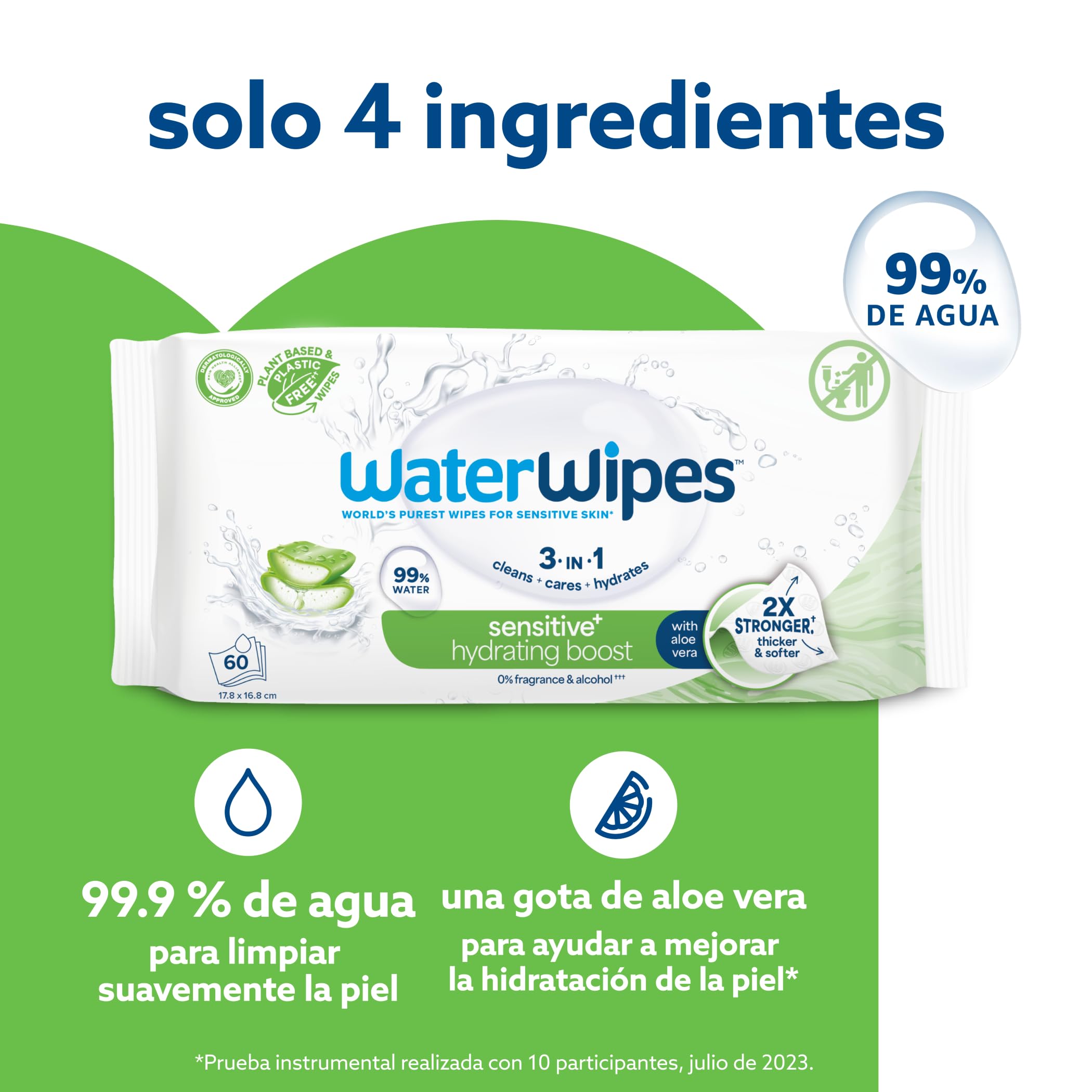 WaterWipes Sensitive+ Hydrating Boost Wipes, Toallitas Hidratantes, 360 unidades (paquete de 6), 3 en 1 Limpia, Cuida, Hidrata, 99% Agua con Aloe Vera, Toallitas sin perfume para bebés — view 4