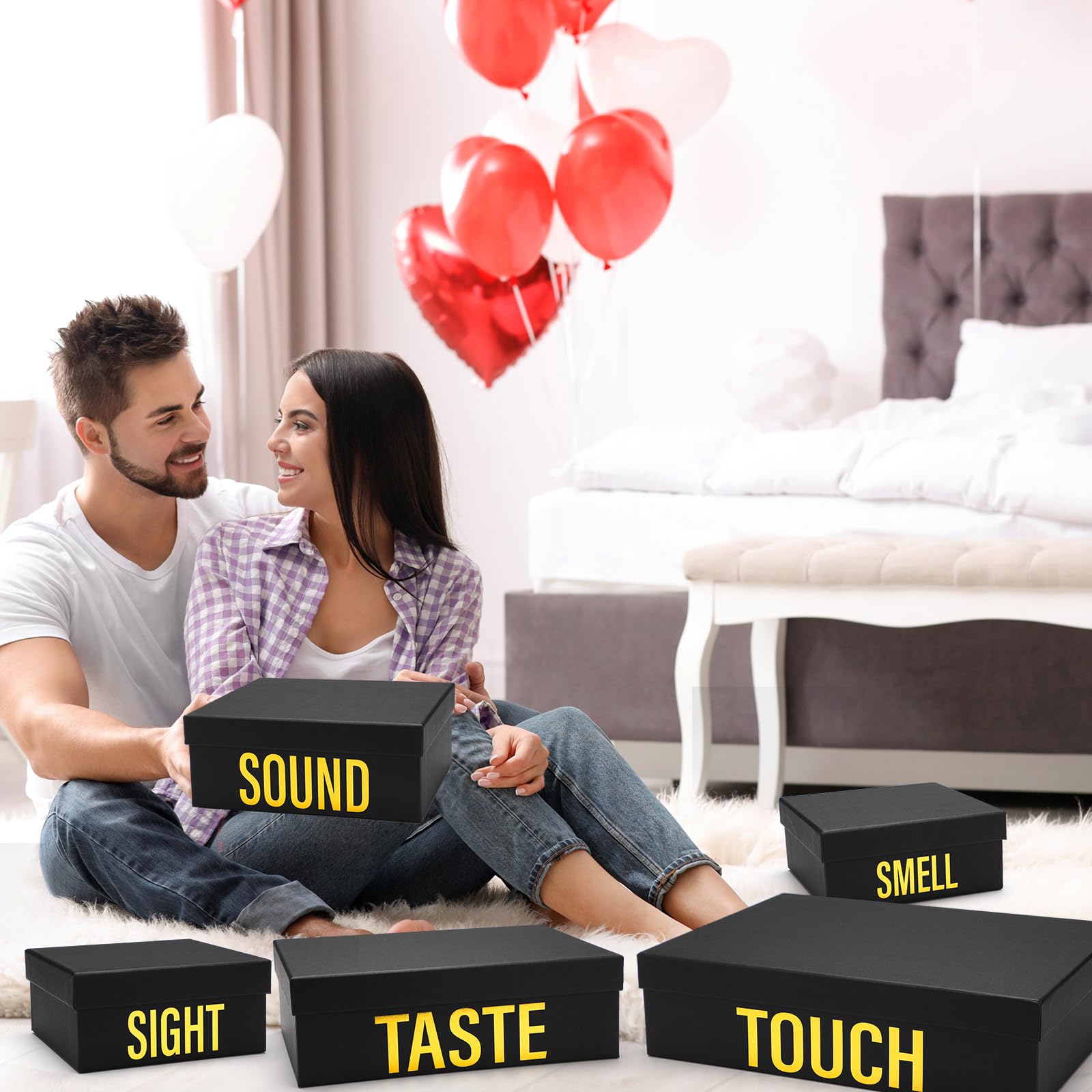 Kolldenn 5 Senses Geschenkboxen für Ihn, große verschachtelte Geschenkbox mit Deckel für Geschenk, Valentinstag, stapelbar, fünf Sinne mit goldenem Wort für Hochzeit, Jahrestag, Geburtstag