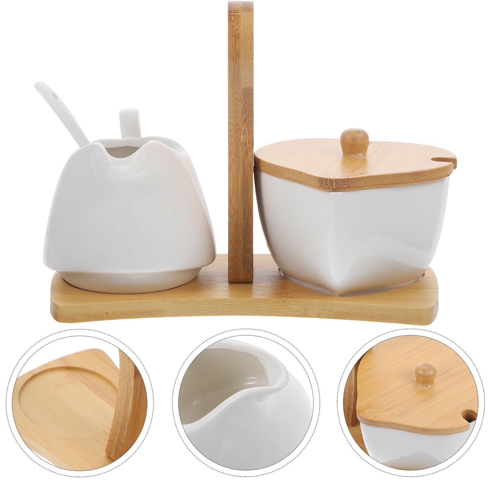 Set Contenitori per Zucchero e Latte in Porcellana Bianca con Cucchiaino | Vassoio in Bamboo Incluso, Design Semplice Creativo, Adatto per Casa e Inaugurazione