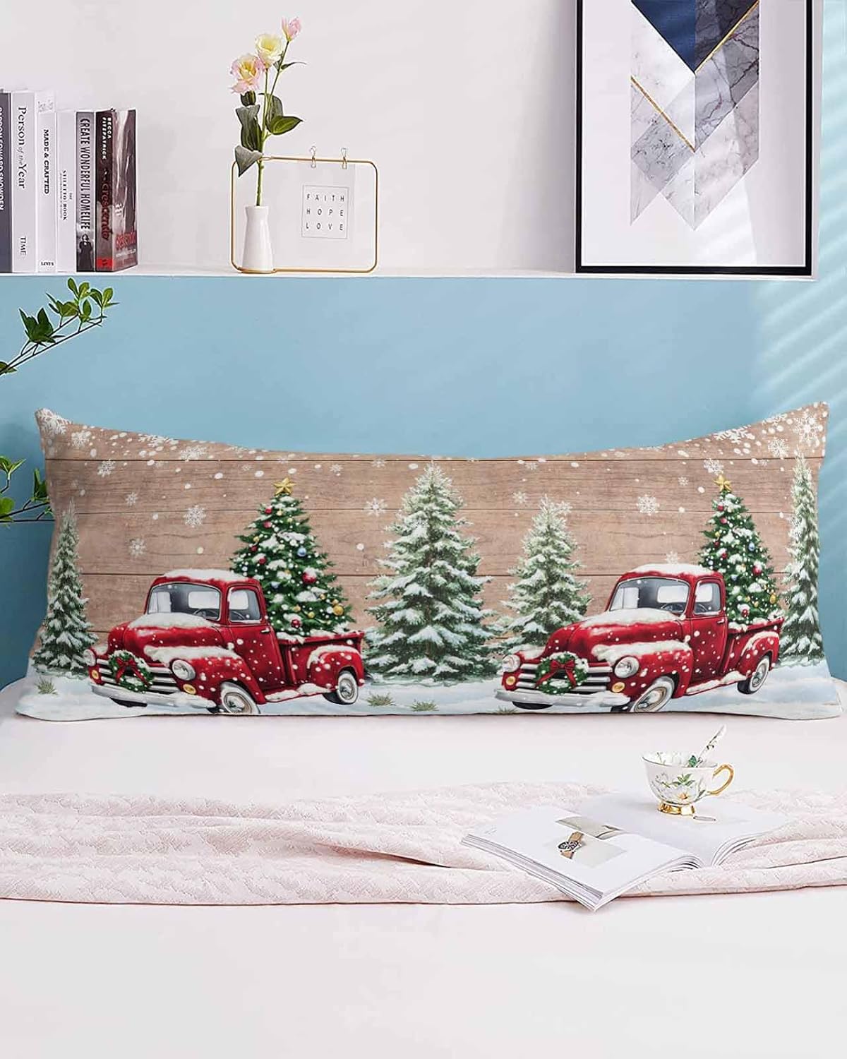 DecorLovee Christmas Red Truck Body Pillow Case Cover - Microfiber Bed Throw Pillow Covers, Winter Farmhouse Snowflakes Wooden Grain Decorative Lumbar Pillow Cover with Envelope Closure 20"x54"