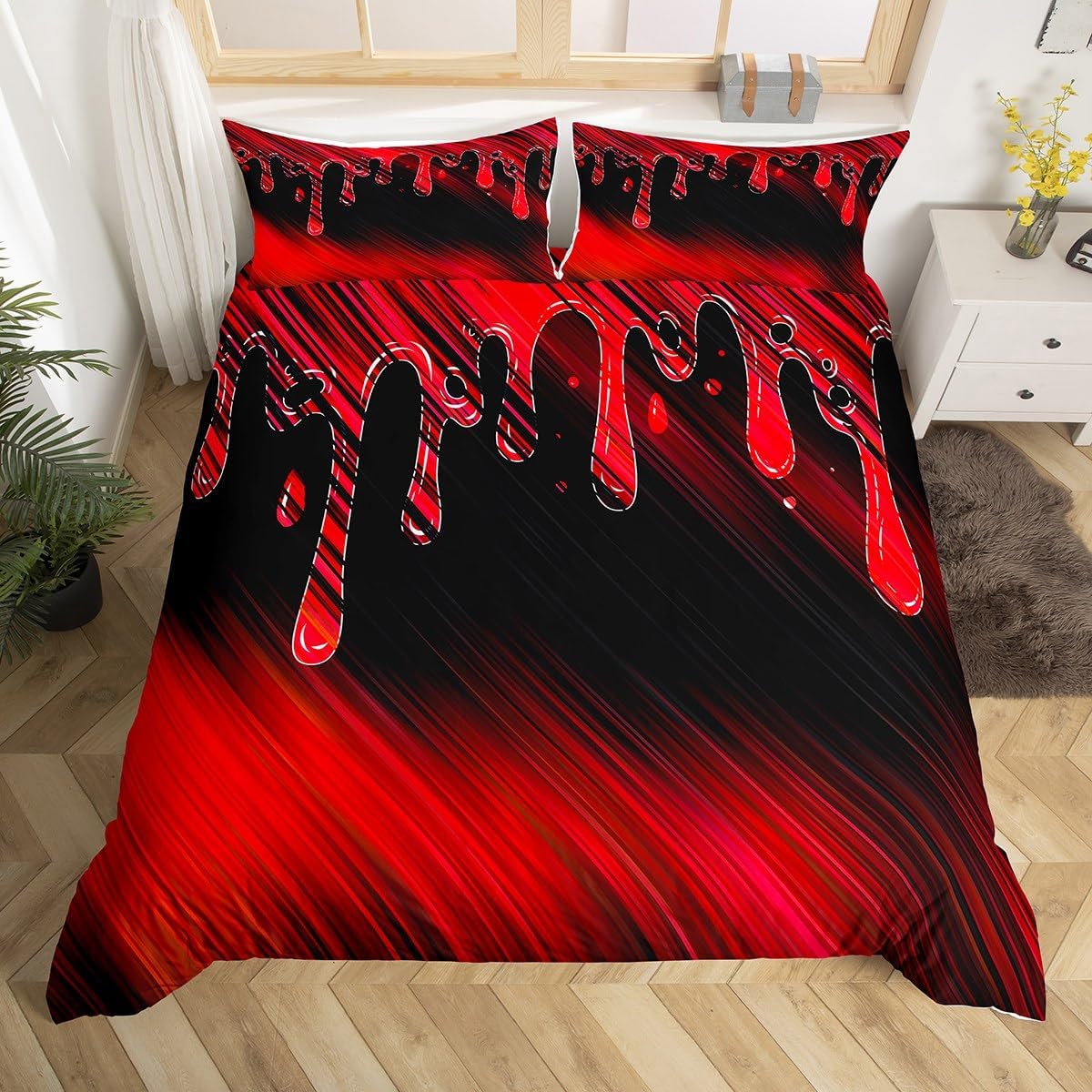 Feelyou Abstract Bedding Duvet Cover Set Kids Ombre Red Black Reversible Bedding Set Modern Art Comforter Cover Set for Women Men Room Decor Drop-Shaped Bedspread Cover Full Size with 2 Pillow Case