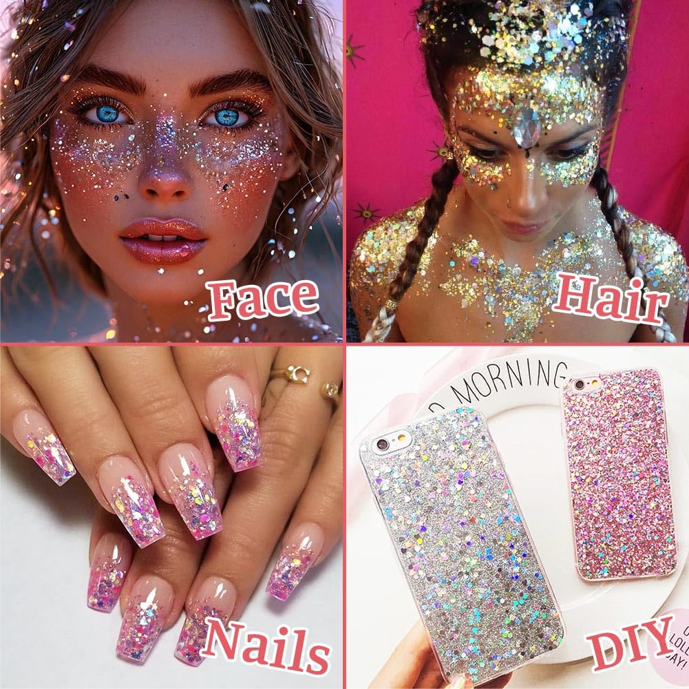 Purpurina Cara Gel 18g Festival Gel Purpurina Líquida Corporal Chunky Glitter Carnaval (Azul+Rosa+Plata+Blanco+Oro+Rojo Rosa)