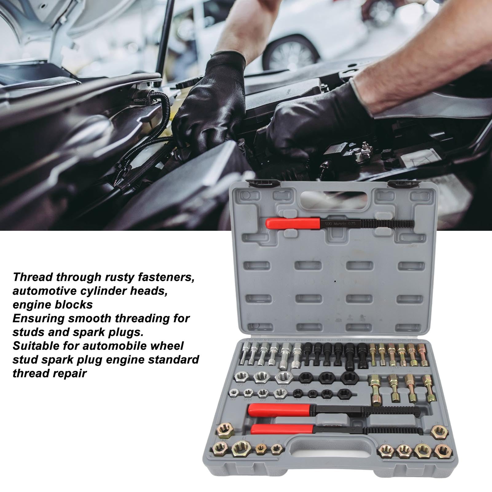 49PCS Set di Strumenti Per La Riparazione della Filettatura Restauratore di Perni Metrici, Kit di Cacciafiletti Per Meccanici Automobilistici, Restauratore di Precisione in Acciaio