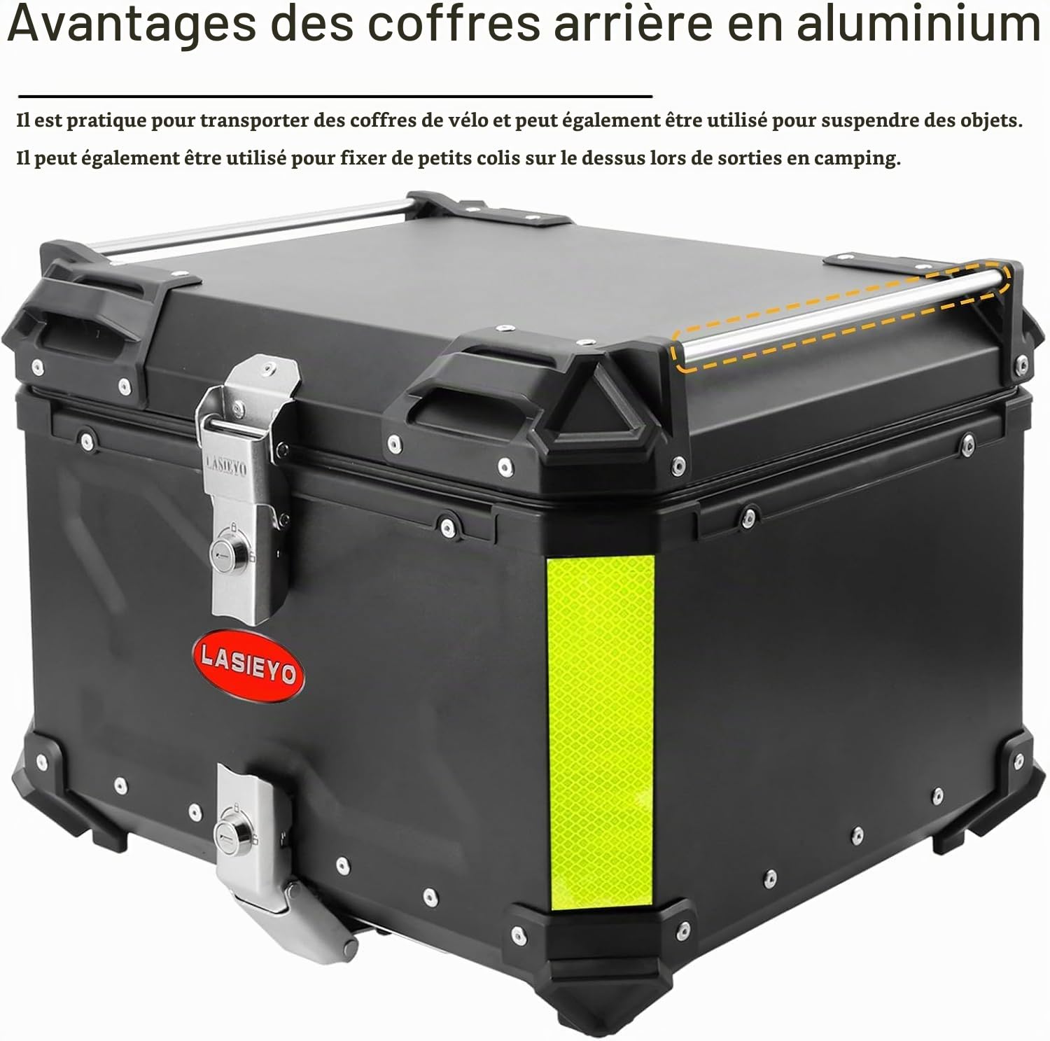 NCONCO 55L Top Case pour Moto, Aluminium Étanche Coffre à Bagages Universel avec Serrure de sécurité pour Le Rangement du Casque, Étanchéité IP68 (Noir 55L)