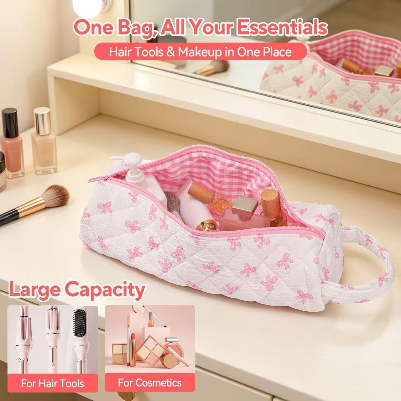 2PCS Quilted Hair Tools Travel Bag Set, Cute Floral Portable Hair Dryer Bag Flat Curling Iron Travel Bag Essential Travel Hair Accessories Organizer for Women, Portable and Foldable