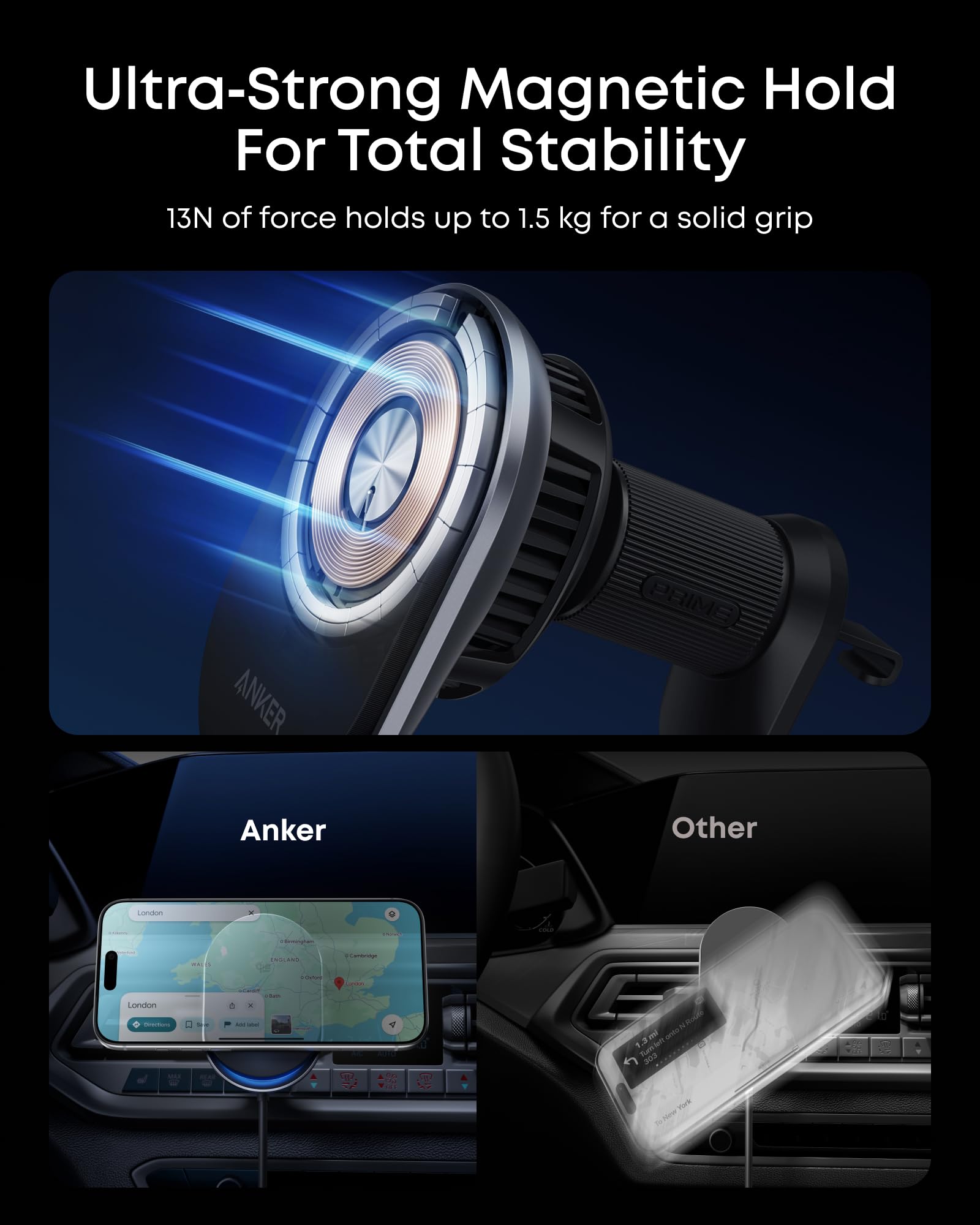 Anker Prime Magsafe Kfz-Ladegerät, Qi2 25W zertifiziertes kabelloses Autoladegerät mit TEC-Aktivkühlung, Starke Magnete, Lüftungshalterung für iPhone 17–12 (Lüftungskompatibilität prüfen), 60W Adapter