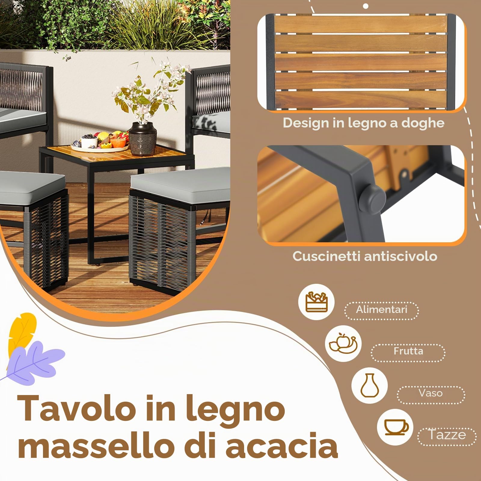GIANTEX Set di Mobili da Giardino in Rattan per 2-4 Persone, Tavolo da Giardino con Piano in Legno e 2 Sedie (Capacità 180 kg), 2 Sgabelli, 4 Cuscini Rimuovibili, Arredamento da Giardino per Patio