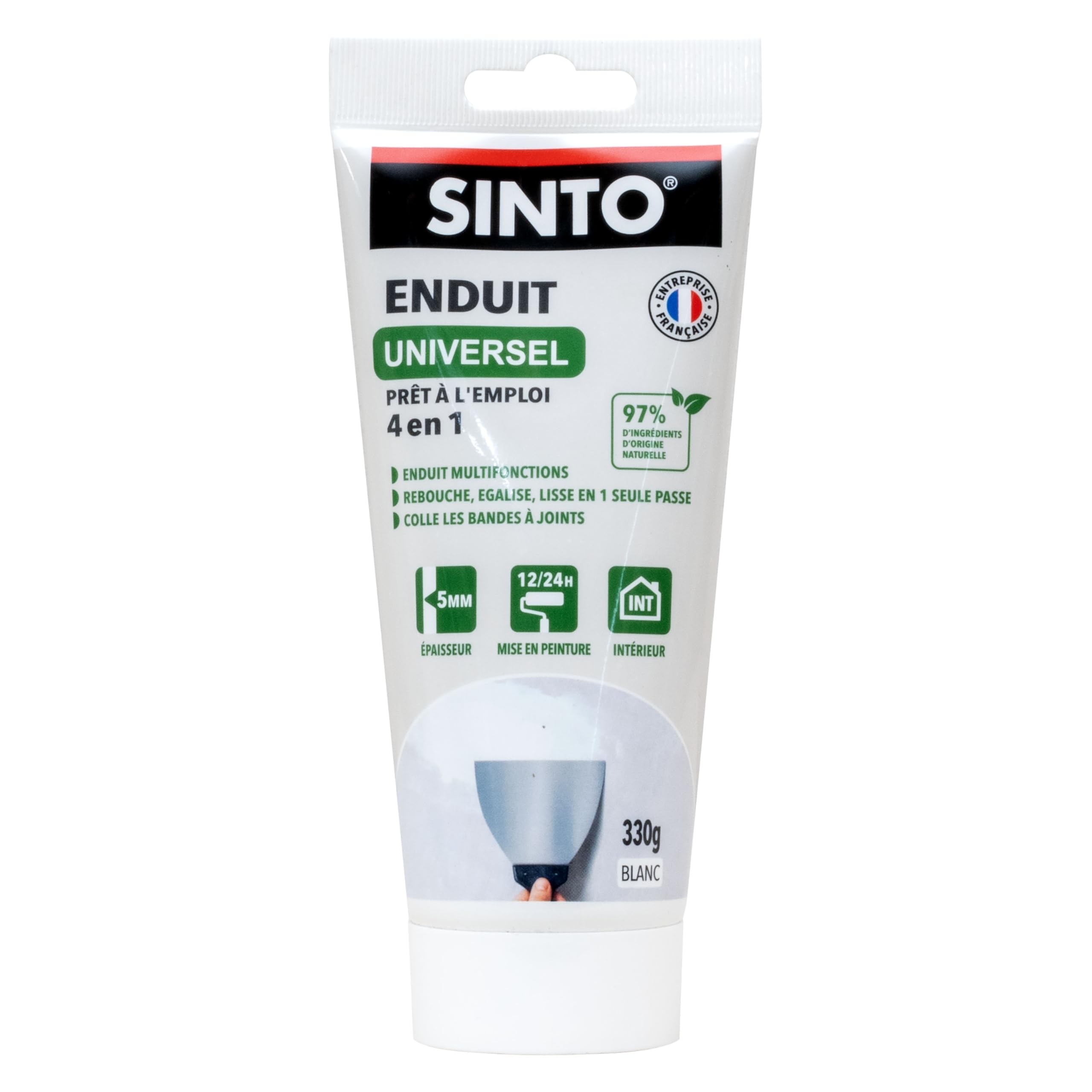 SINTO – Masilla universal lista para usar. – Rellena, alisa, pega y nivela. Para todas las superficies (yeso, madera, hormigón, etc.) – Capa fina blanca fácilmente lijable – Interior – 330 g