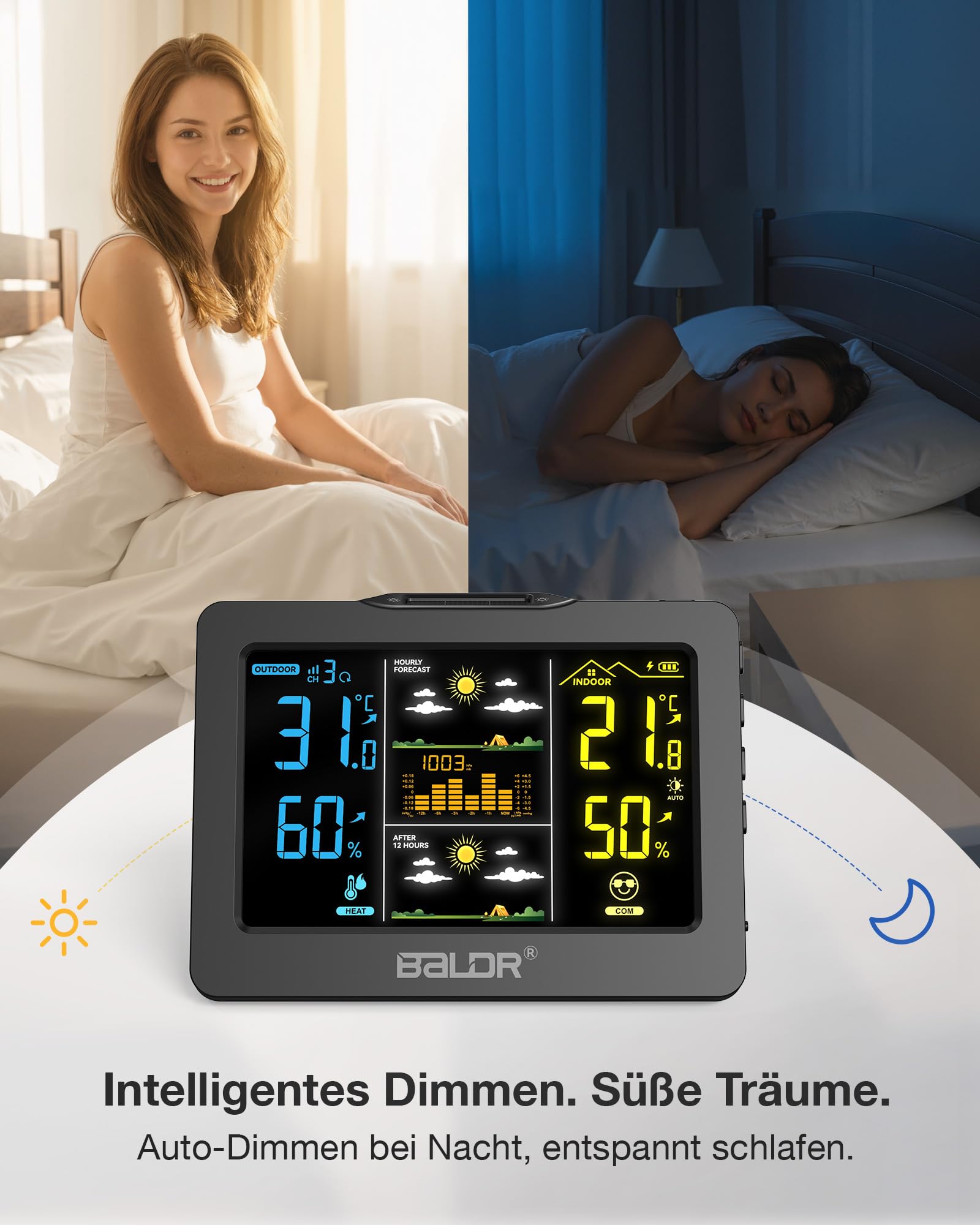 BALDR Wireless Wetterstation mit Außensensor, Digitales Farbdisplay – Innen/Außen Thermometer & Hygrometer, 1h + 12h Wettervorhersage, Wiederaufladbarer Akku