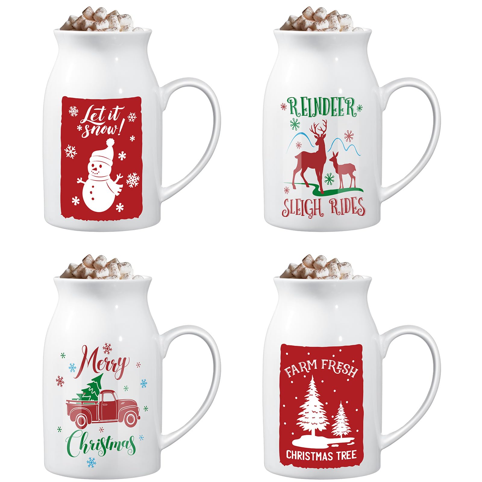 Hushee 4 tazas de cerámica de Navidad de 9.5 onzas con caja de regalo, tazas de café con diseño de patrón festivo, reno, árbol de Navidad, cacao caliente, tazas de café de Navidad para té, chocolate