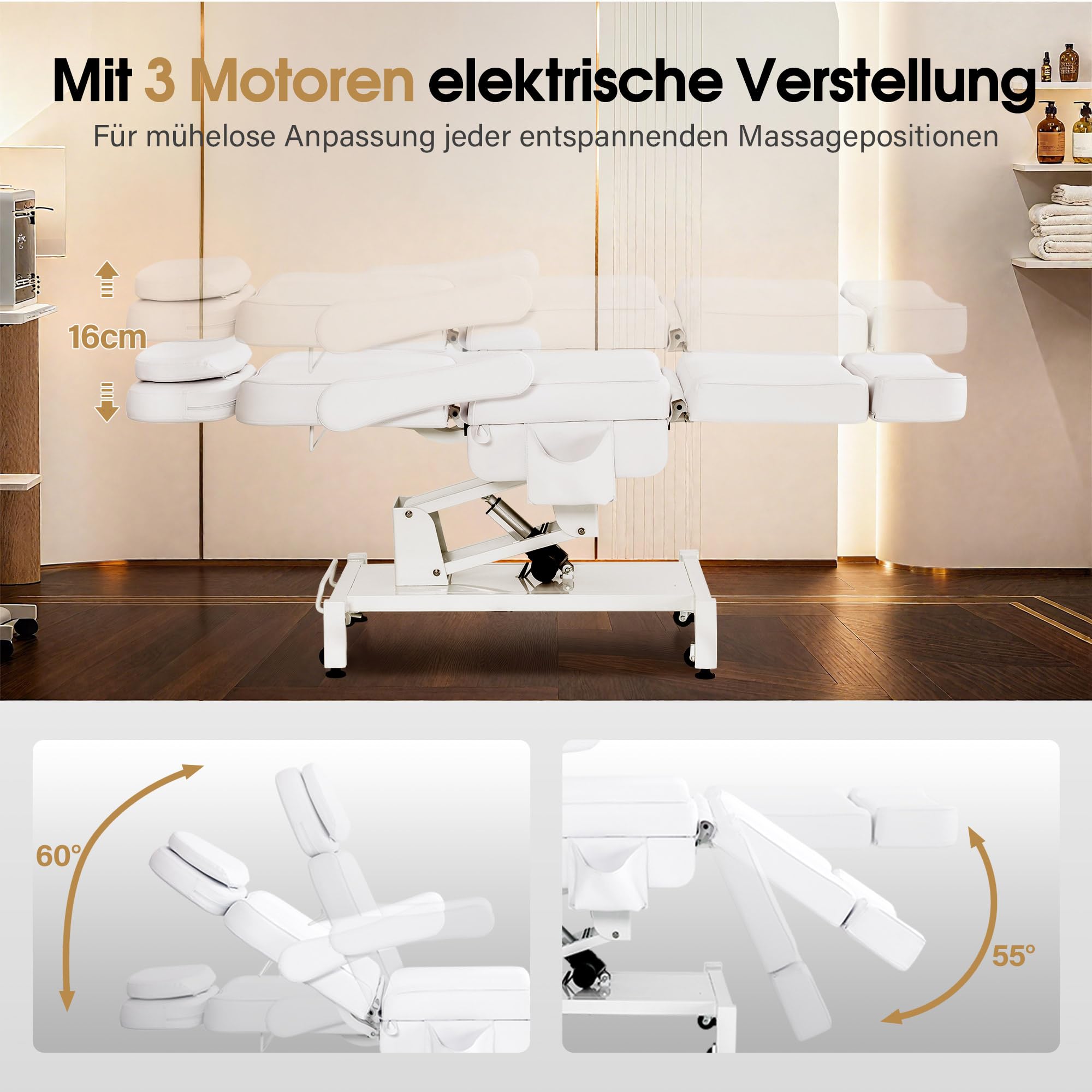 Barberpub Kosmetikliege Elektrisch mit 3 Motoren & Rollen, Massageliege Klappbar & 16CM Höhenverstellbar, 180°Drehbare Armlehnen, Tattoo Liege für SPA Salon 0754 (Weiß/Kunstleder)