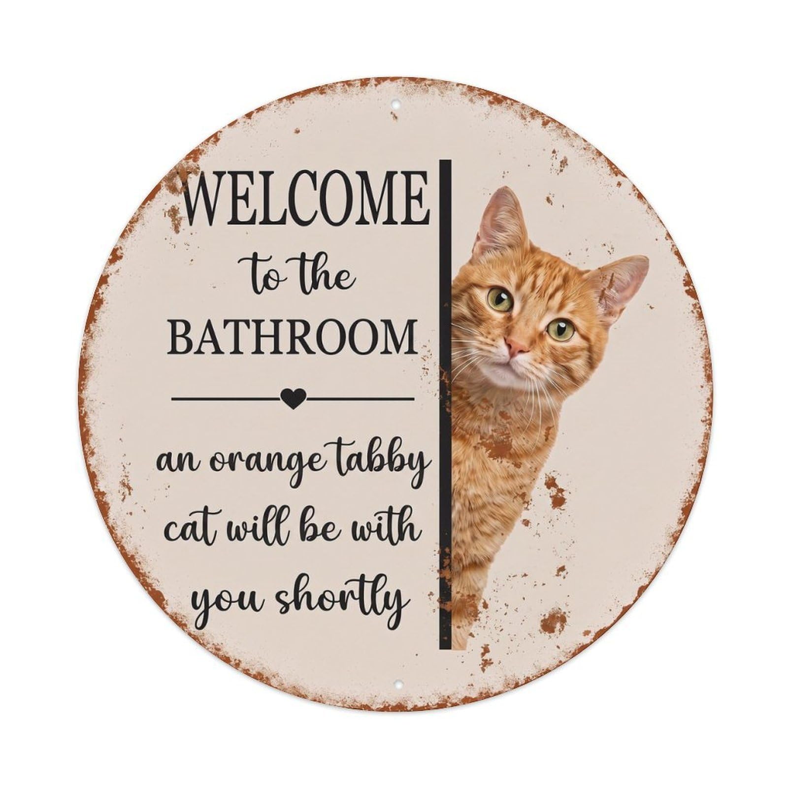 Vintage WELCOME To The BATHROOM Orange Tabby Cat Metal Tin Sign