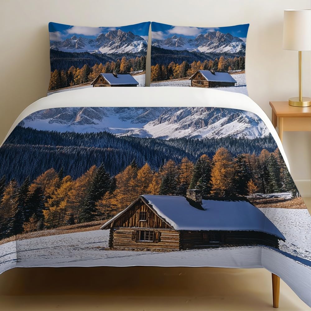 Housse de couette 240x260 cm lit 2 personnes motif paysage enneigé