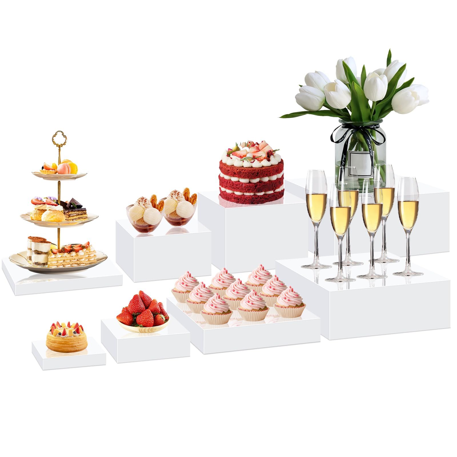 8 elevadores de buffet, soportes de exhibición de alimentos para mesa de buffet, estante elevador de exhibición de acrílico para exhibición de joyería de postre, elevador de exhibición de