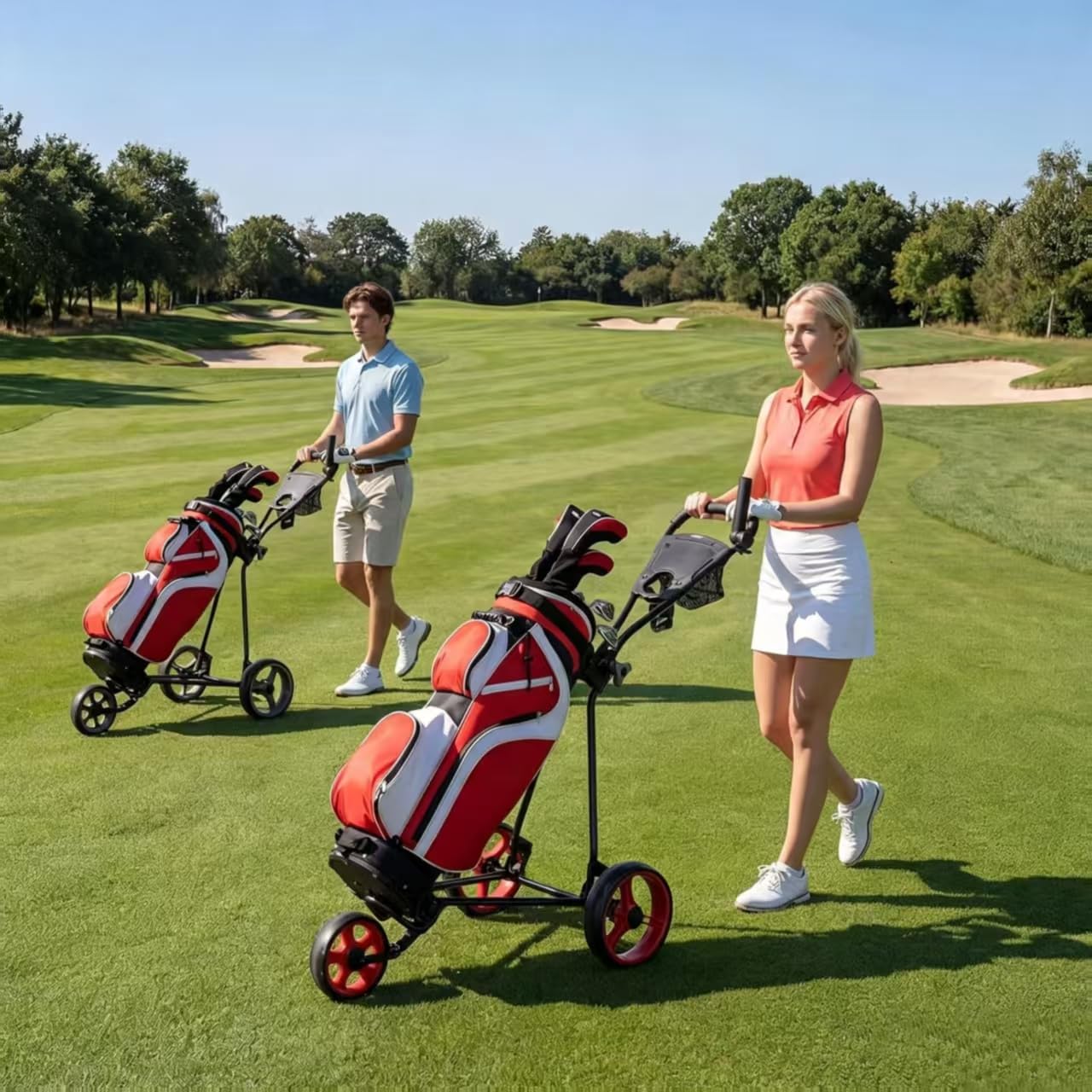 Faltbarer Golf Push Cart, Leichter 3-Rad-Golfwagen mit Fußbremse, höhenverstellbarem Griff, Getränkehalter und Aufbewahrungstasche - Robusto & Kompakt