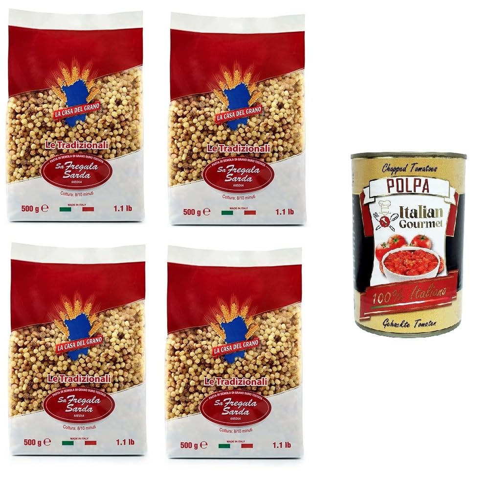 Italian Gourmet Bundle Fregola Sarda 4x 500g + Italian Gourmet Polpa Gratis – Sardische Pasta aus Hartweizengrieß, geröstete Kügelchen für Tomatensauce, Meeresfrüchte, Gemüse, Suppen, Salate & Vorrat
