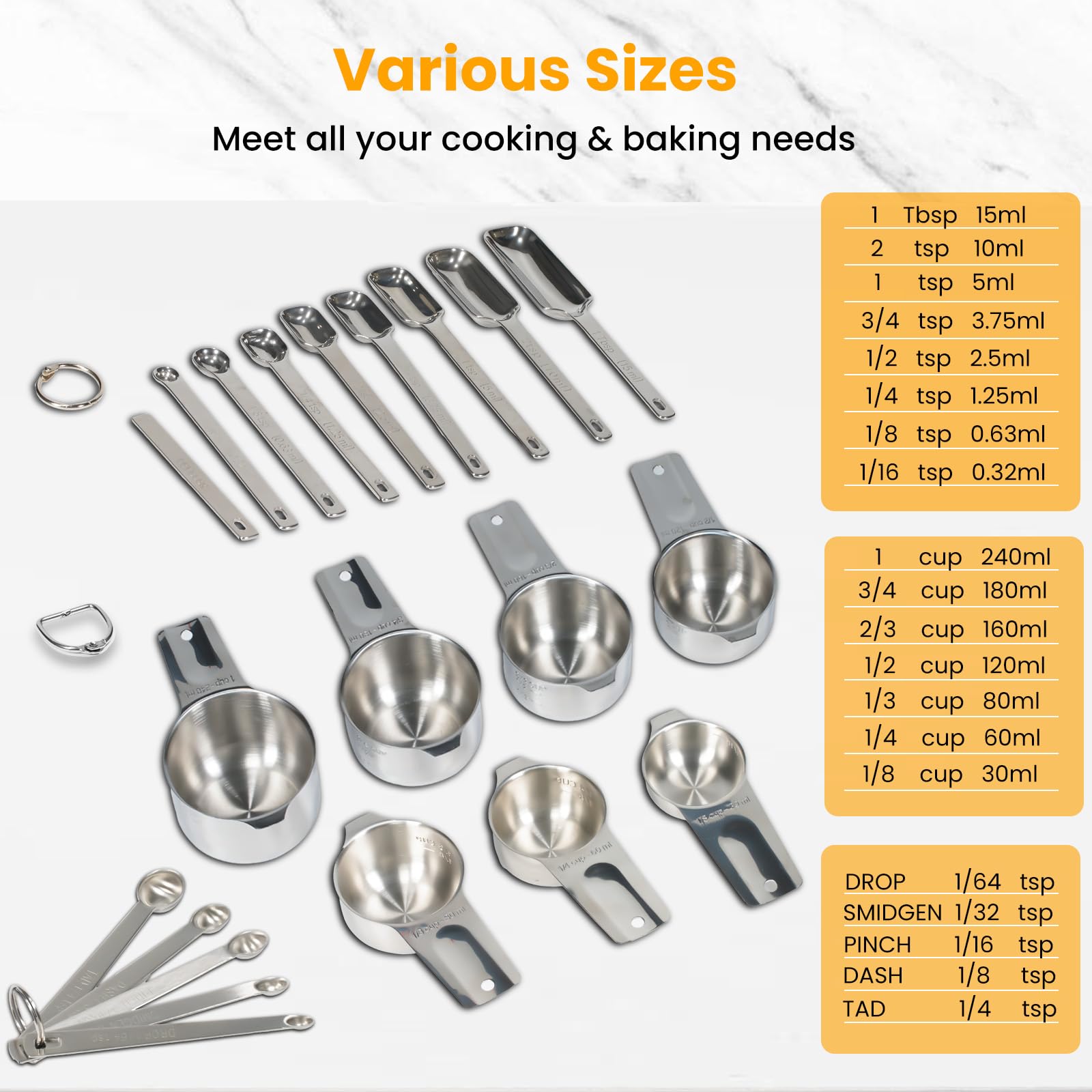 Juego de 21 tazas y cucharas medidoras YUNNKEEY – Incluye 7 tazas medidoras de acero inoxidable, 8 rectangulares y 5 mini cucharas medidoras con nivelador para tarros de especias, ideal para
