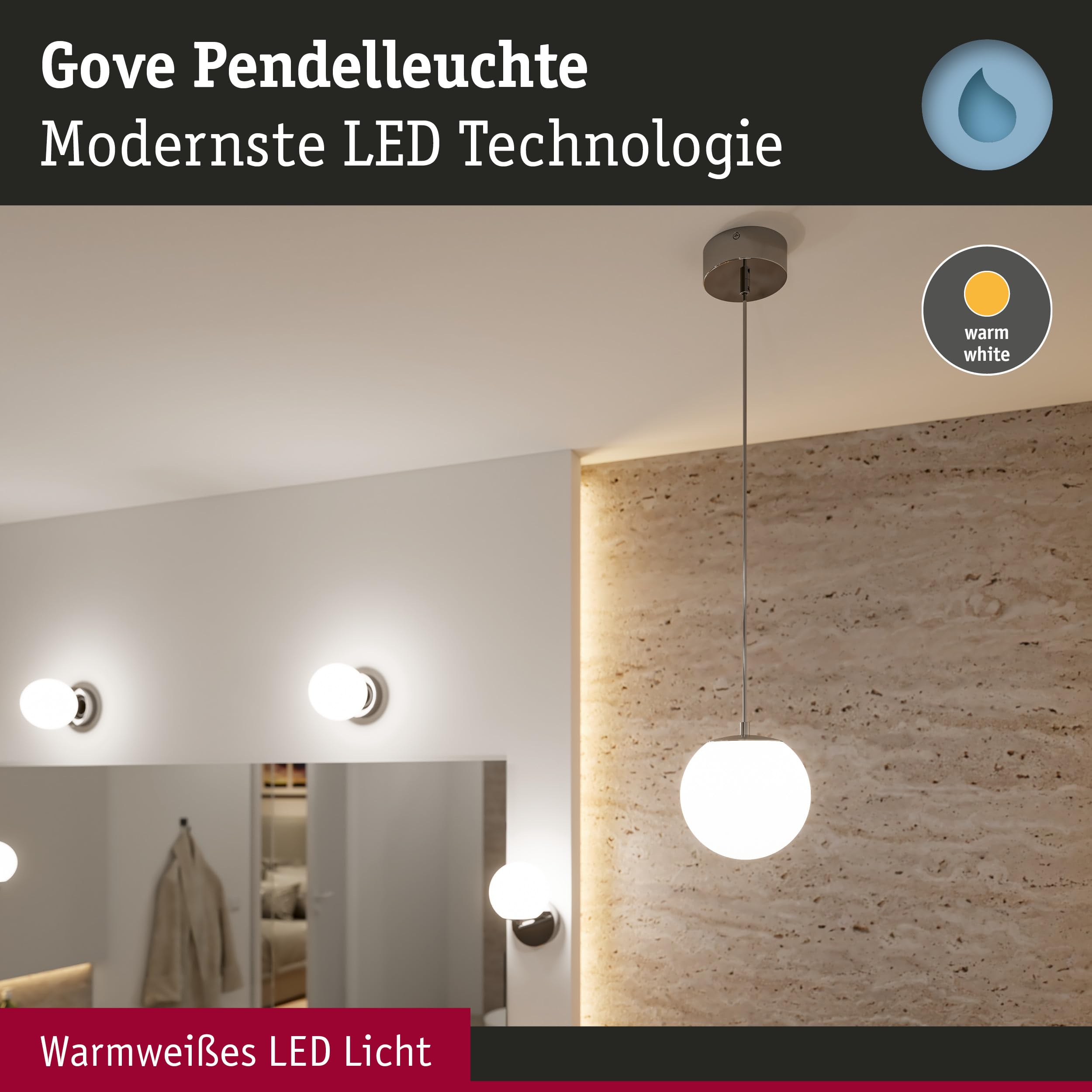 Paulmann 71066 LED Pendelleuchte Selection Bathroom Gove IP44 9W Chrom, Satin Badleuchte