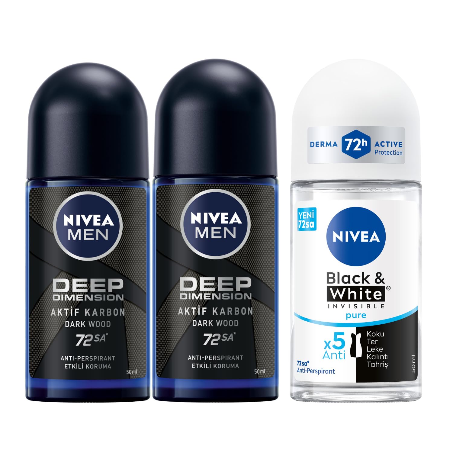NIVEA Men Erkek Roll On Deodorant Deep Dimension 72 Saat Anti-Perspirant Koruma (50 ml) X2 + NIVEA Kadın Roll On Deodorant Black & White Invisible Pure 48 Saat Anti-perspirant Koruma (50 ml)