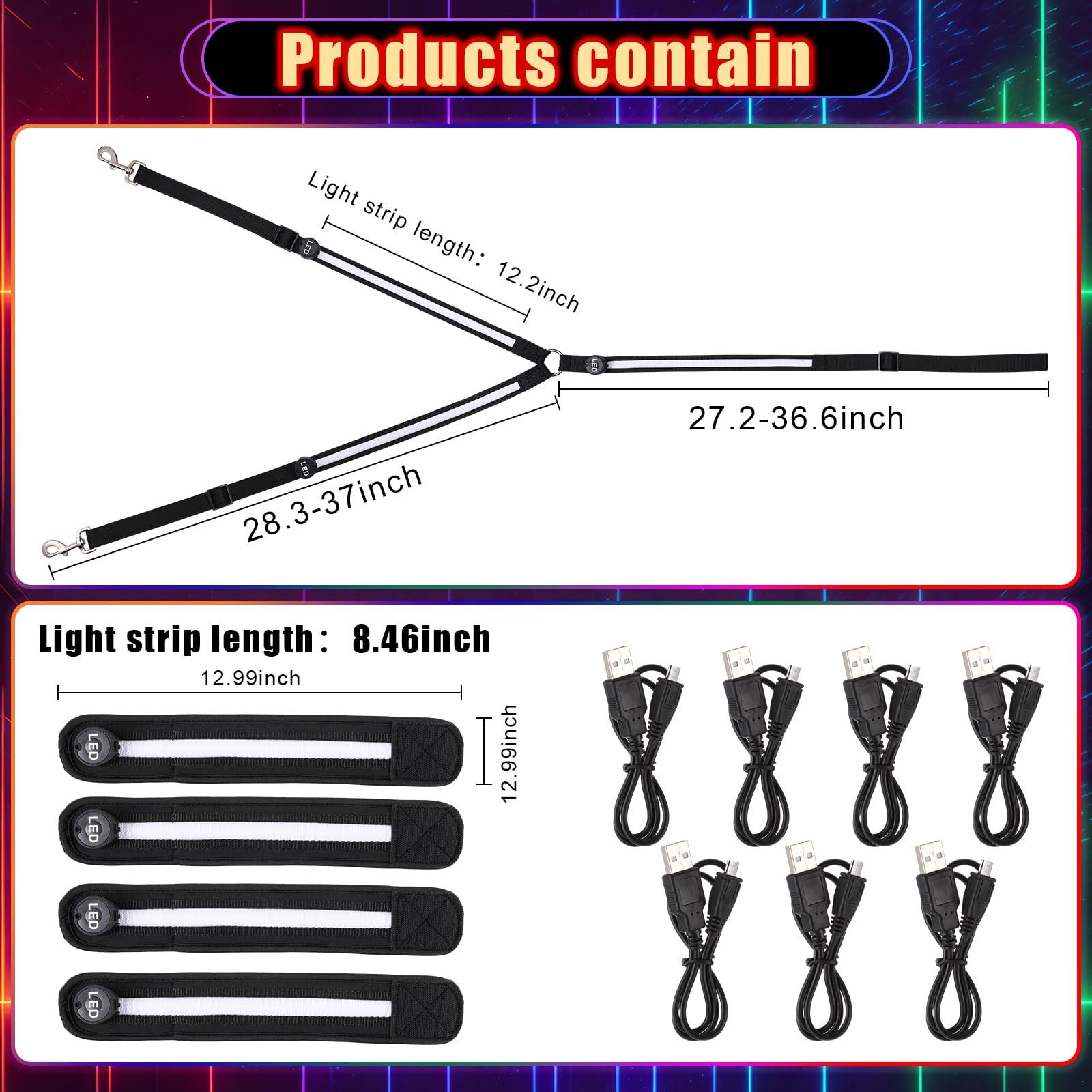 Silipull 5 Pcs 8 Colors Light up Horse Tack Set Includes 1 LED Horse Breastplate Collar and 4 LED Horse Leg Band USB Rechargeable Equestrian Safety Gear Adjustable Visibility for Night Horse Riding