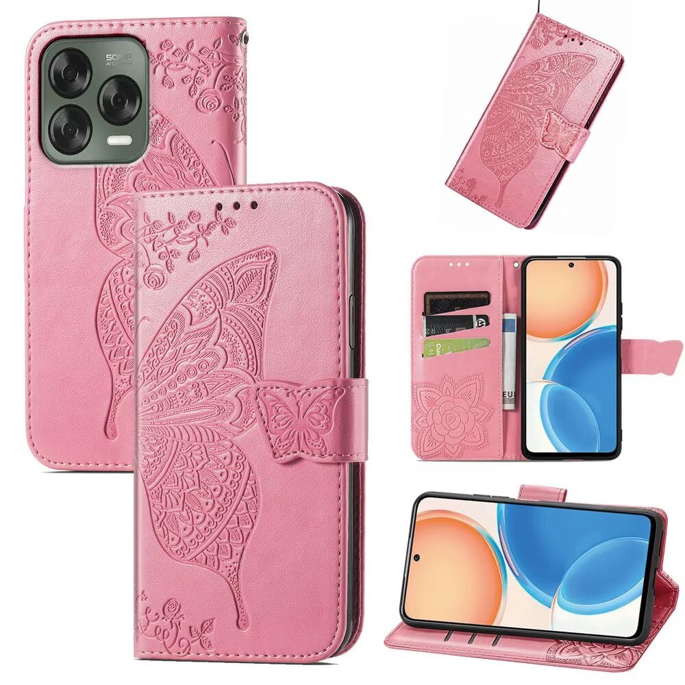 EASSGU Skórzane etui na telefon komórkowy do ZTE Blade V70 Vita (6,7" cala), magnetyczne etui z klapką i 3 przegródkami na karty, 1 portfel, odporne na upadki, zarysowania etui - różowe