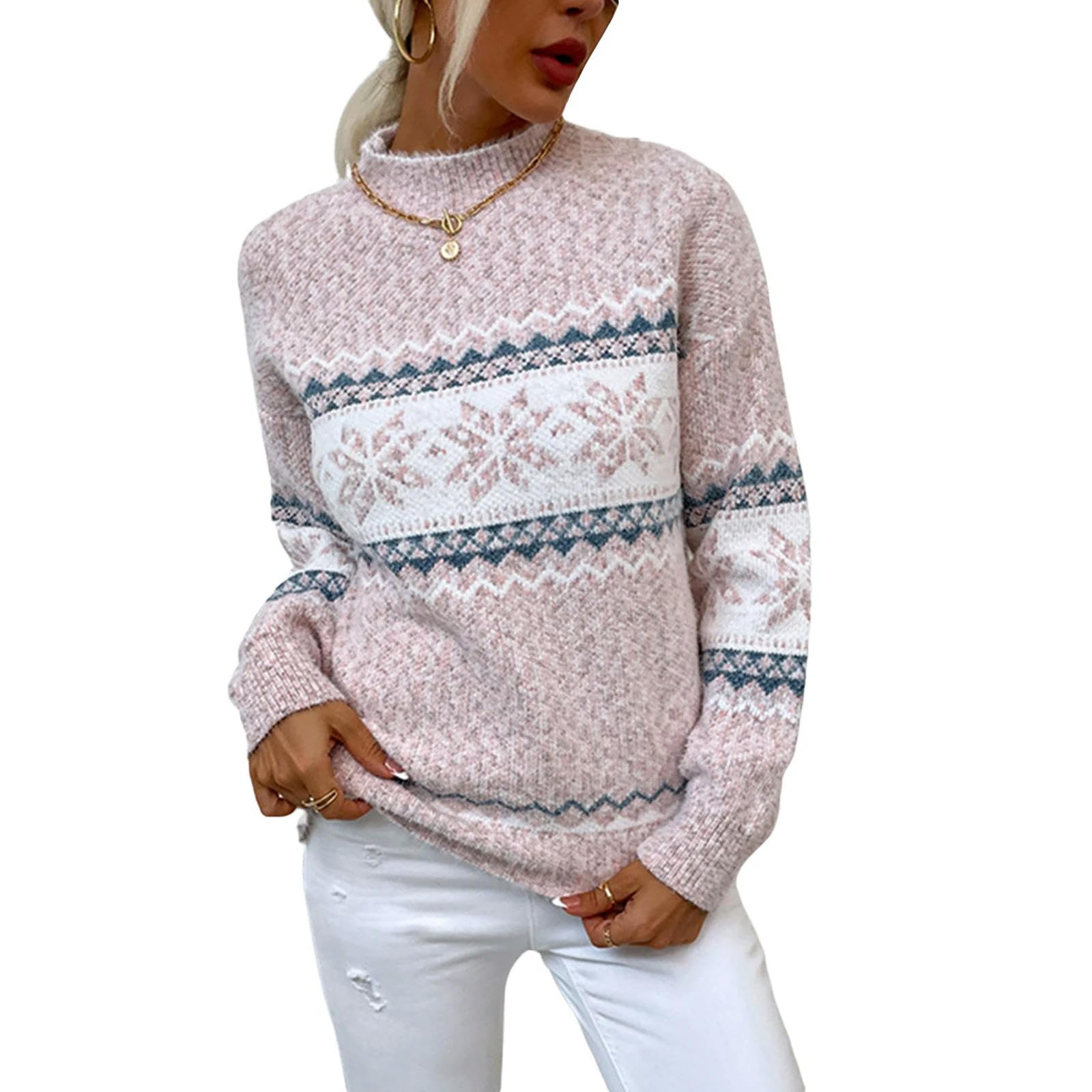 Maglione Natalizio Largo da Donna, con Stampa a Fiocchi di Neve, a ma Lunghe, con Collo Alto e Mezza Manica, Maglione Largo per Le Vacanze Invernali, Maglia Rosa-M