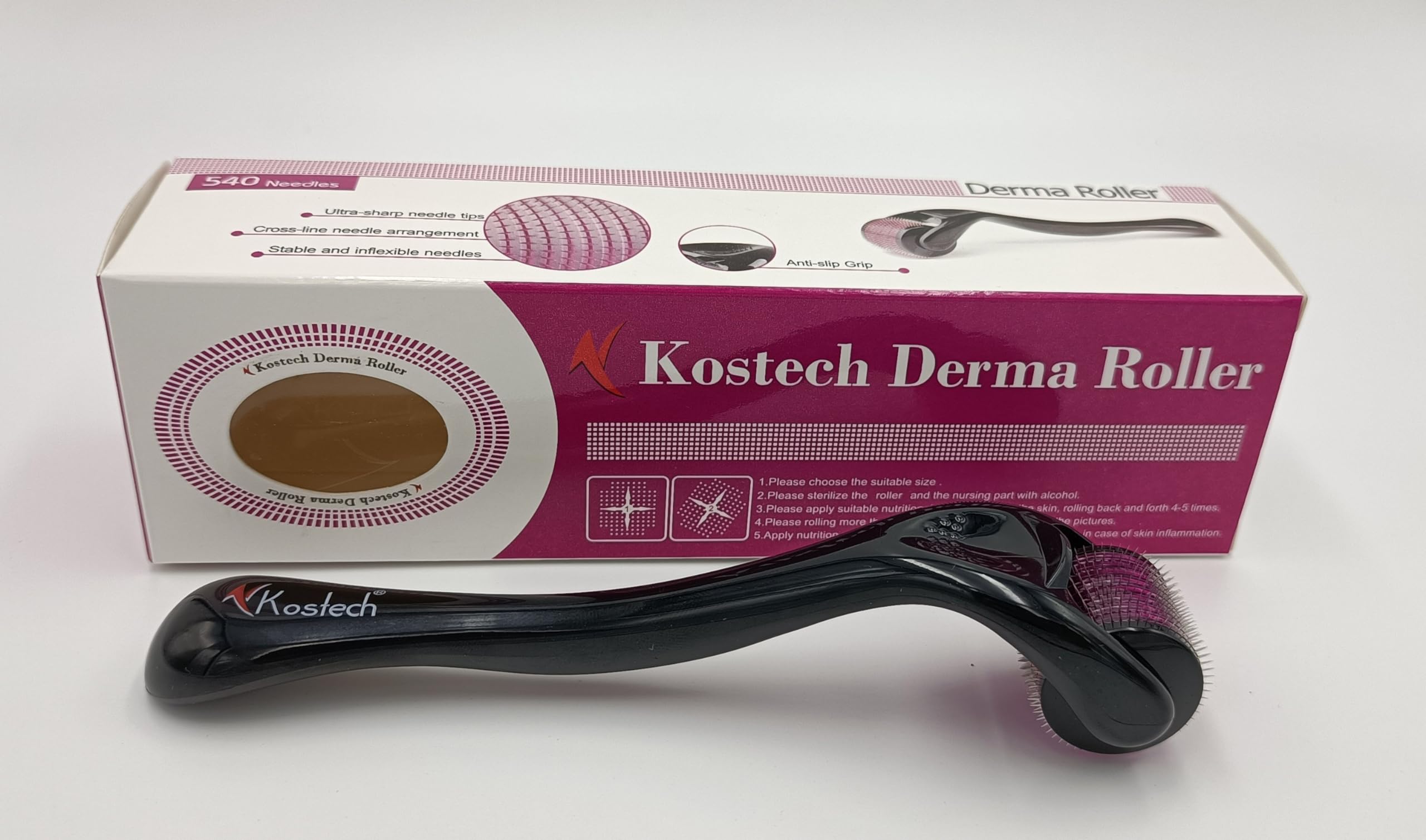 Kostech Derma Roller (KDR) 540 Titanium Micro-Needles for Skin Care I Hair & Beard Growth I Anti-aging I Acne Scars Removal (Pack of 1, 2.0mm)