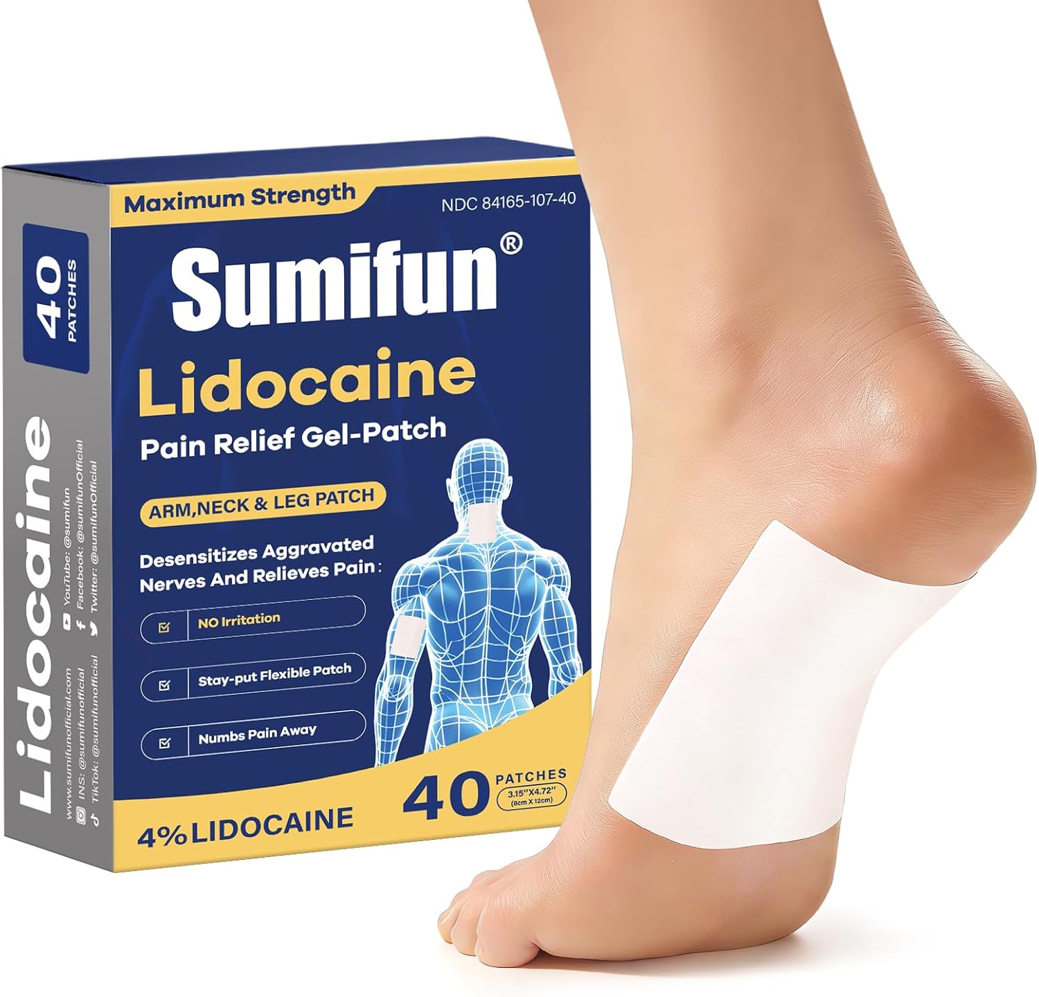 Sumifun Medium Size Lidocaine Patches - Plantar Fasciitis Relief, Foot & Neck & Arm & Small Pain Areas - Maximum OTC Strength - Stays in Place (Small, Count, 30)
