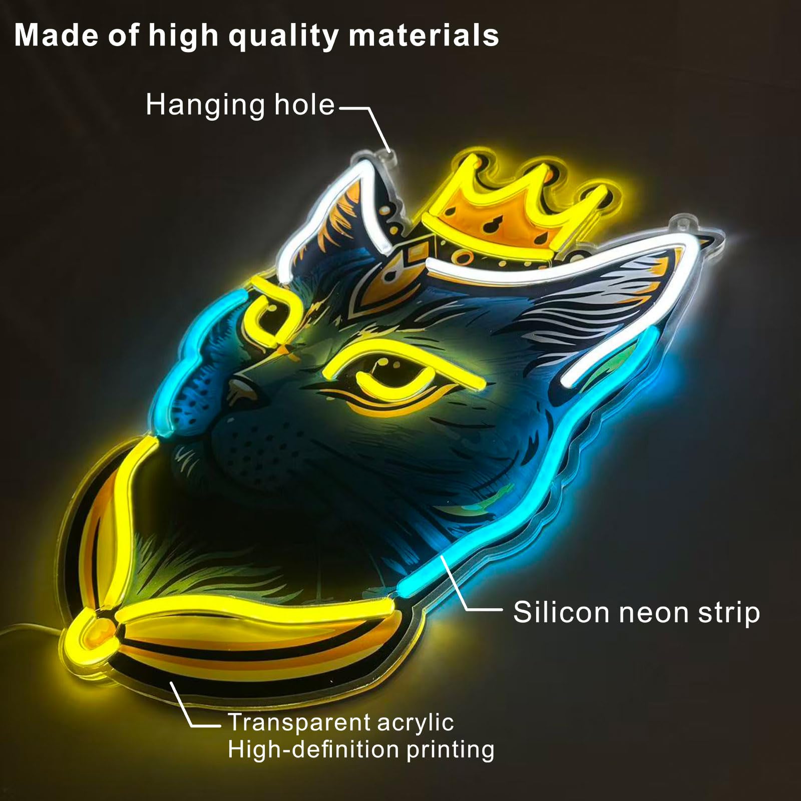 Targa al neon Cat King, regalo per gli amanti dei gatti, decorazione da parete, decorazione per dormitorio, 190 cm, alimentazione USB con regolazione della luminosità a 9 livelli, facile installazione