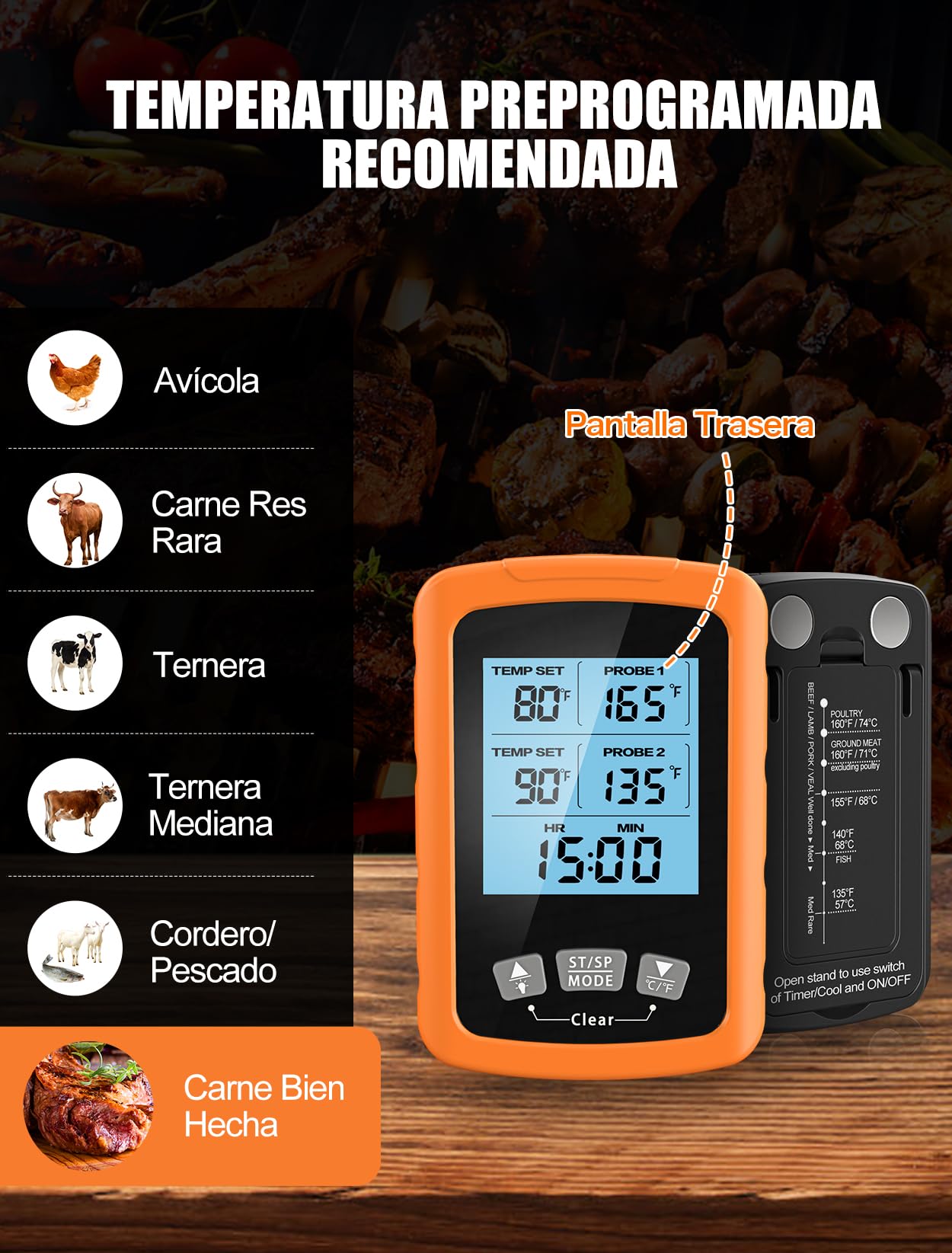 CIRYCASE Termometro Cocina, Termometro Carne Digital de Lectura Rápida & Precisa con Sondas Duales 16.3cm, Retroiluminada & Alarma Temporizador, Termometro Horno Apagado Auto para Parrilla/Horno/BBQ