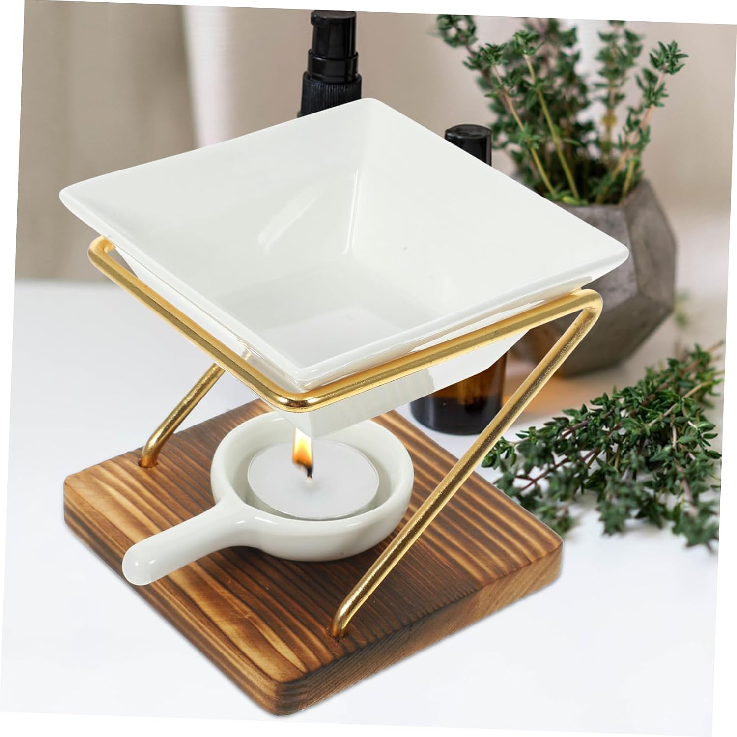 Essential Oil Burner Tealight Candle Holder Wax Melt Warmer Lamp Vintage Ceramic Aroma Burner with Wooden Frame Home Fragrance Decor for Bedroom Office Yoga Room Tea Room image 4