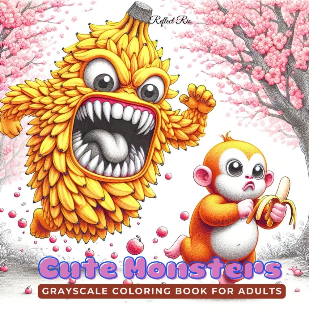 Cute Monsters Coloring Book: Charming Food Beasts Chasing Naughty Animals - A Fun and Whimsical Adult Grayscale Coloring Book for Stress Relief (Fantasy Grayscale Coloring Book for Adults)