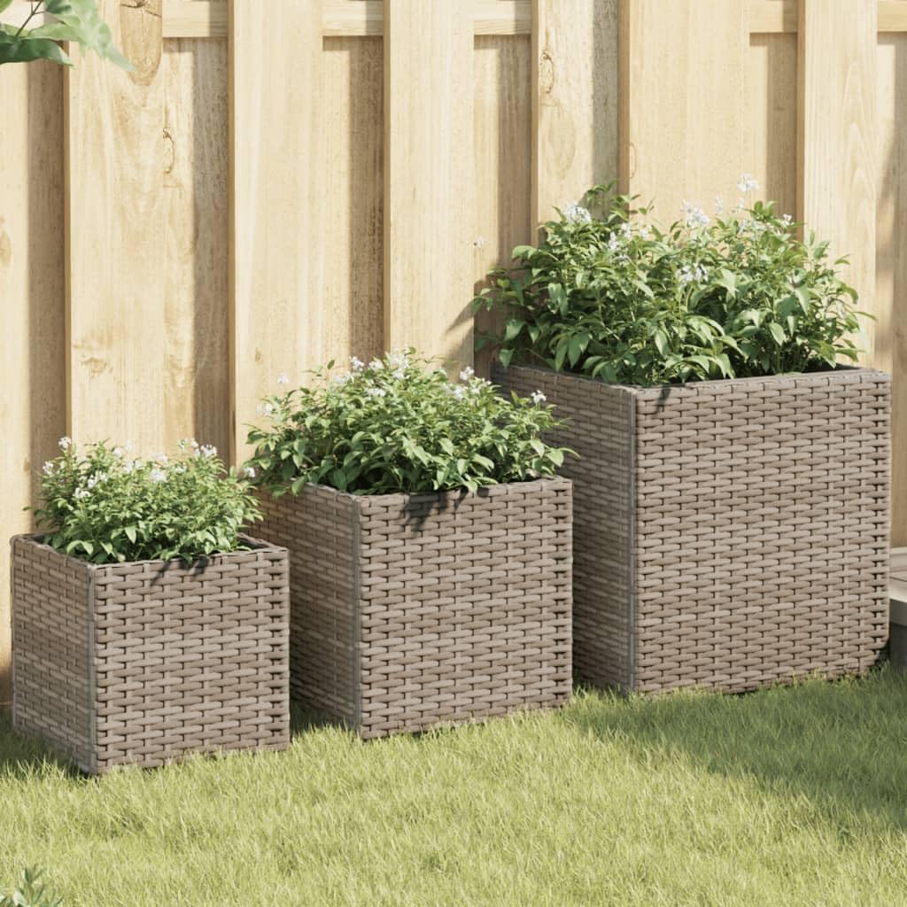 3 Stück Graue Pflanzkübel aus Poly Rattan mit Stahlgestell für Garten Blumen Pflanzen, Wetterbeständige Balkonkästen und Pflanzgefäße