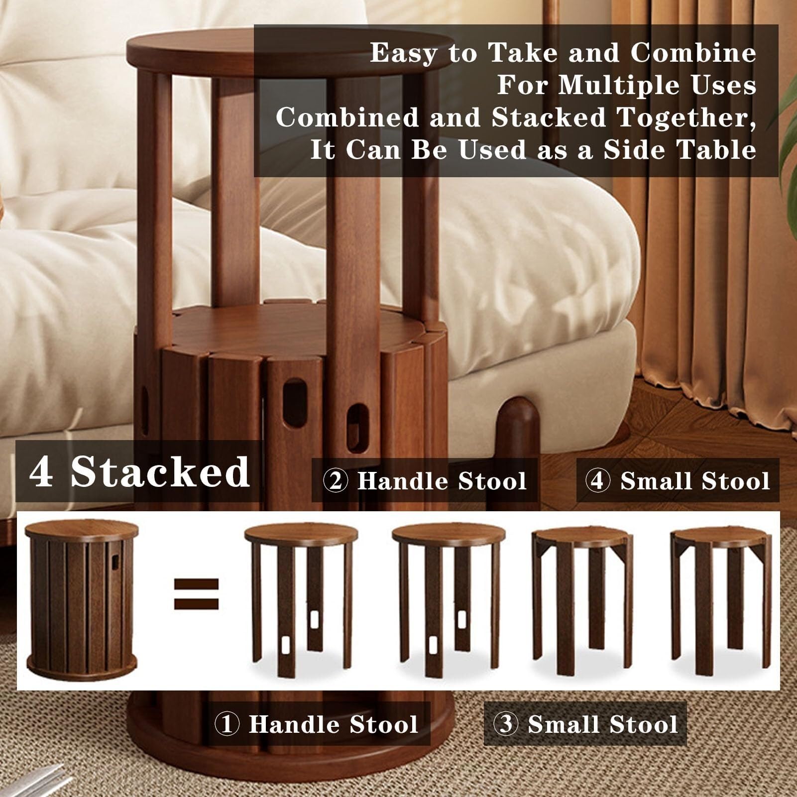 Juego de 4 taburetes apilables de madera, diseño apilable, taburetes de madera pequeños para ocio, combinación apilable, taburete apilable multifuncional para sala de estar, entrada, comedor (nogal)