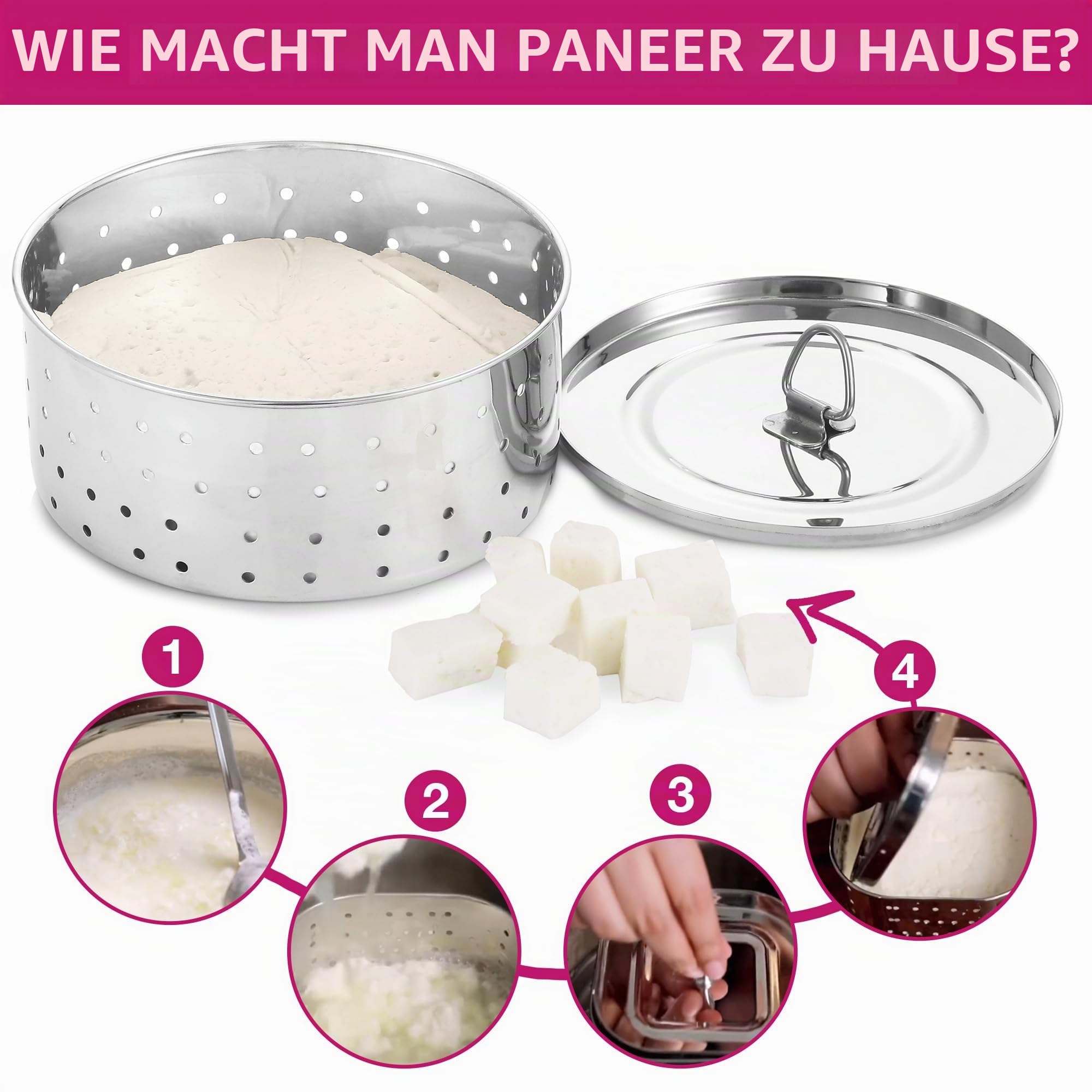 KSJONE Runde Paneer-Maker aus Edelstahl, Form / Sieb, perfekt für die Herstellung von köstlichem Tofu, Edelstahl-Paner-Maker mit oberem Pressdeckel