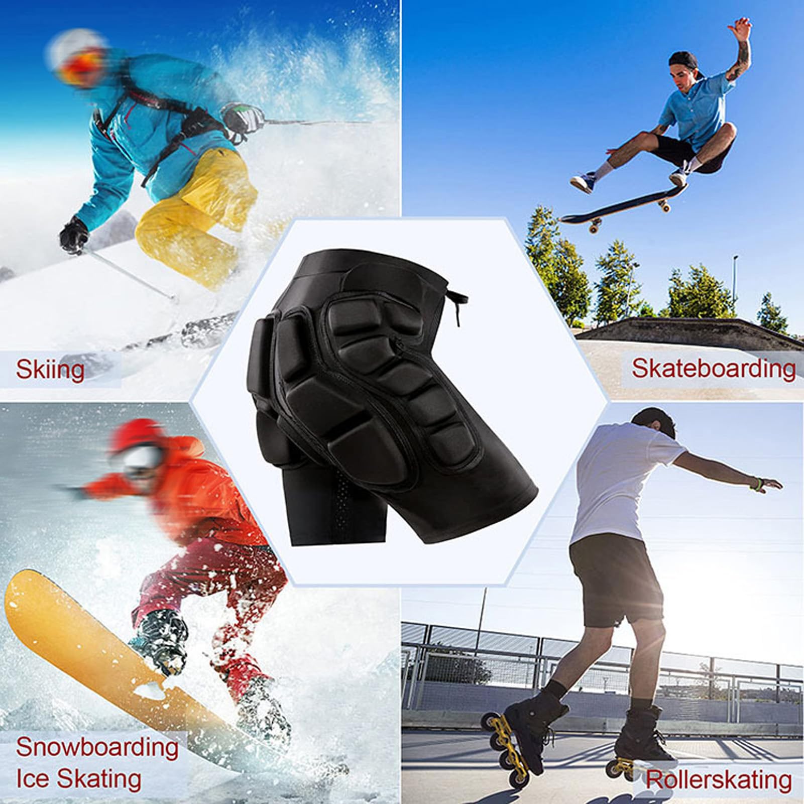 Fockety Pantaloncini imbottiti protettivi 3D, pantaloni antiurto traspiranti in EVA ispessito con coulisse, pantaloni con protezione antiurto per snowboard, skate e sci