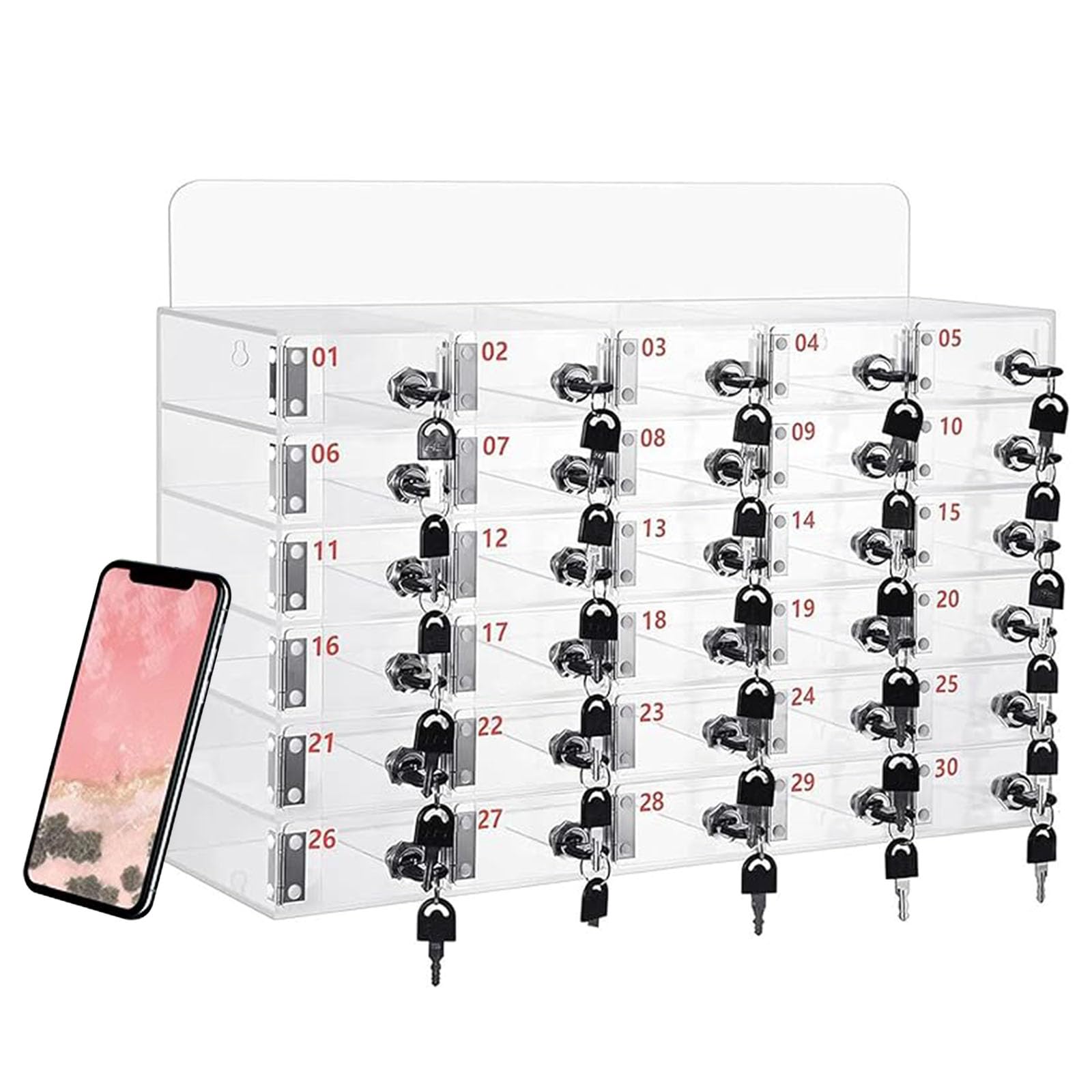 Mobile Phone Locker 12/24/36/48/60 Slots Mobile Phone Storage Cabinet with Carry Handle, Lock, Aluminium Wall Mounted or Desktop Management Box Suitable for School, Offices (Transparent, 30 Slot) — image 1
