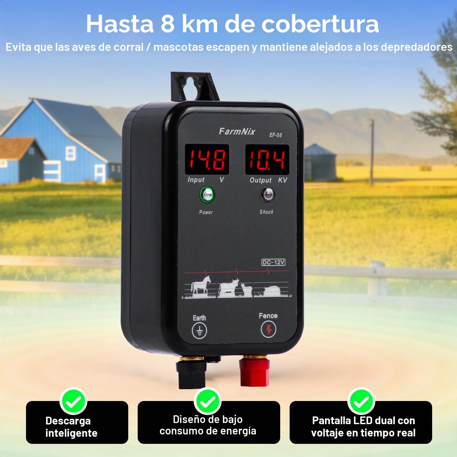 8KM Pastor Electrico ,1.0 Joule 12V, Cerca Eléctrica Controlador LED digital, Para protección animales pequeños, aves de corral y mascotas, para jardines, granjas y pasto (Black)