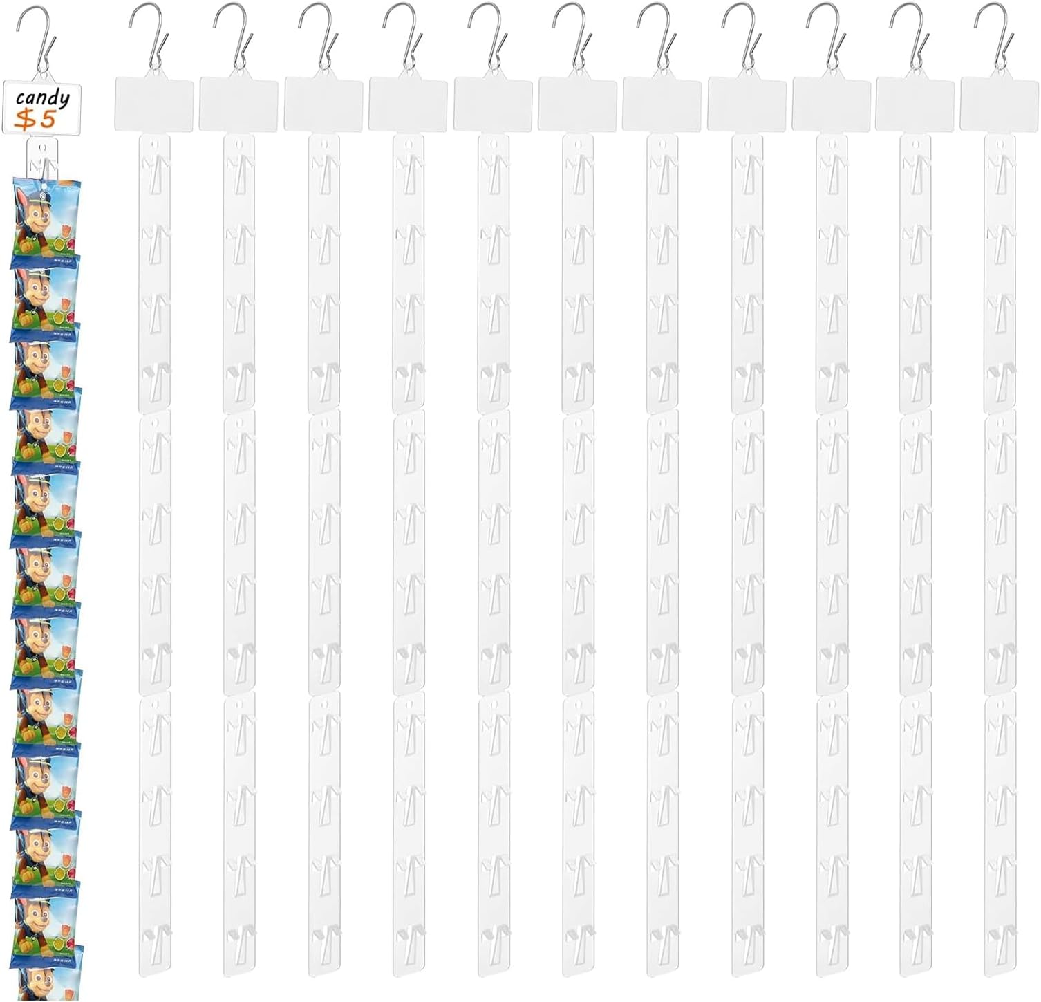 Hoedia 12 Pack Station Hanging Strips Plastic Display Merchandise Strip with Clips Hooks for Retail Display with Lable Header (White)