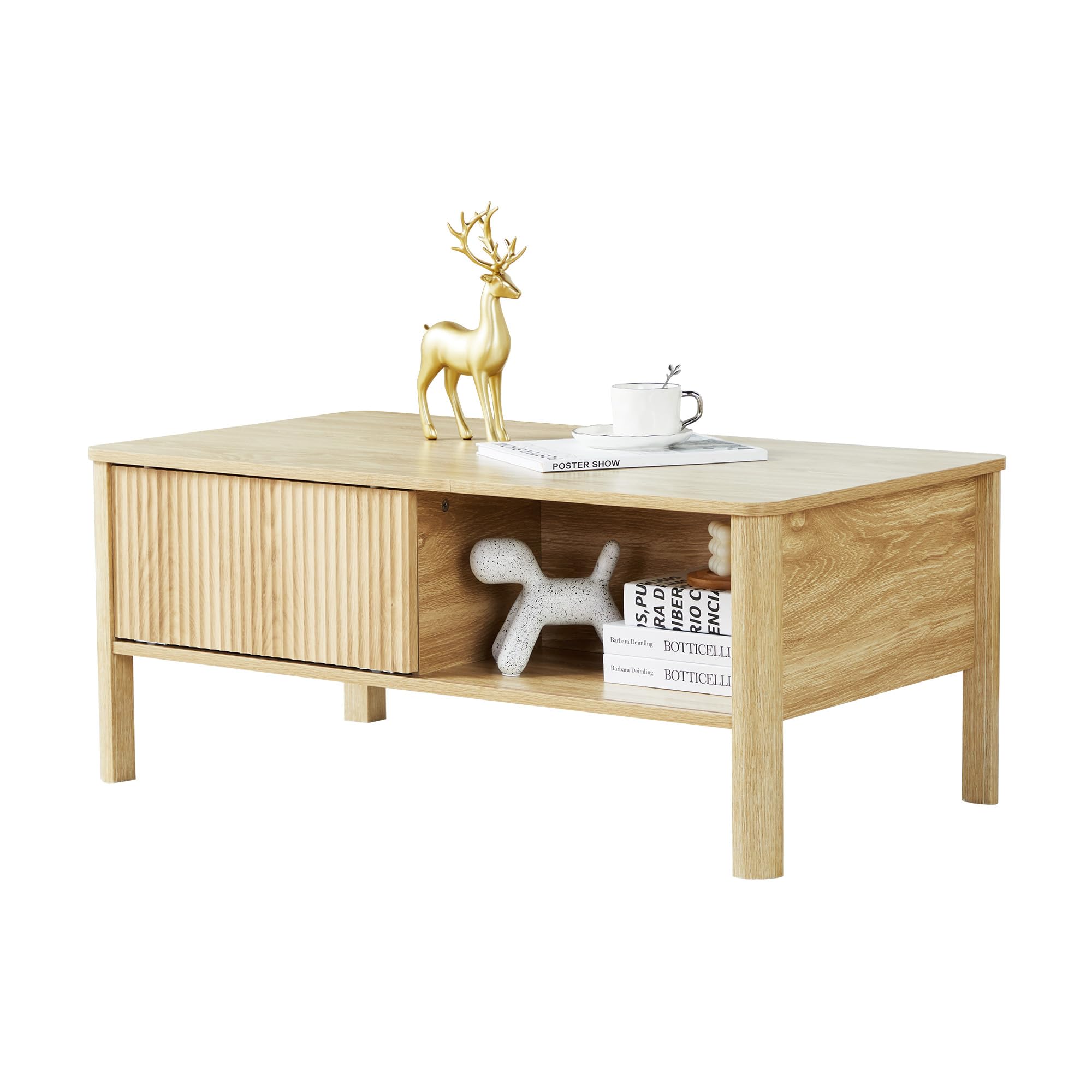 Affeivul Rectangle Fluted Coffee Table With Storage and Sliding Drawers, Light Wood Mid Century Modern Boho Style, Low for Living Room/Bedroom/Office