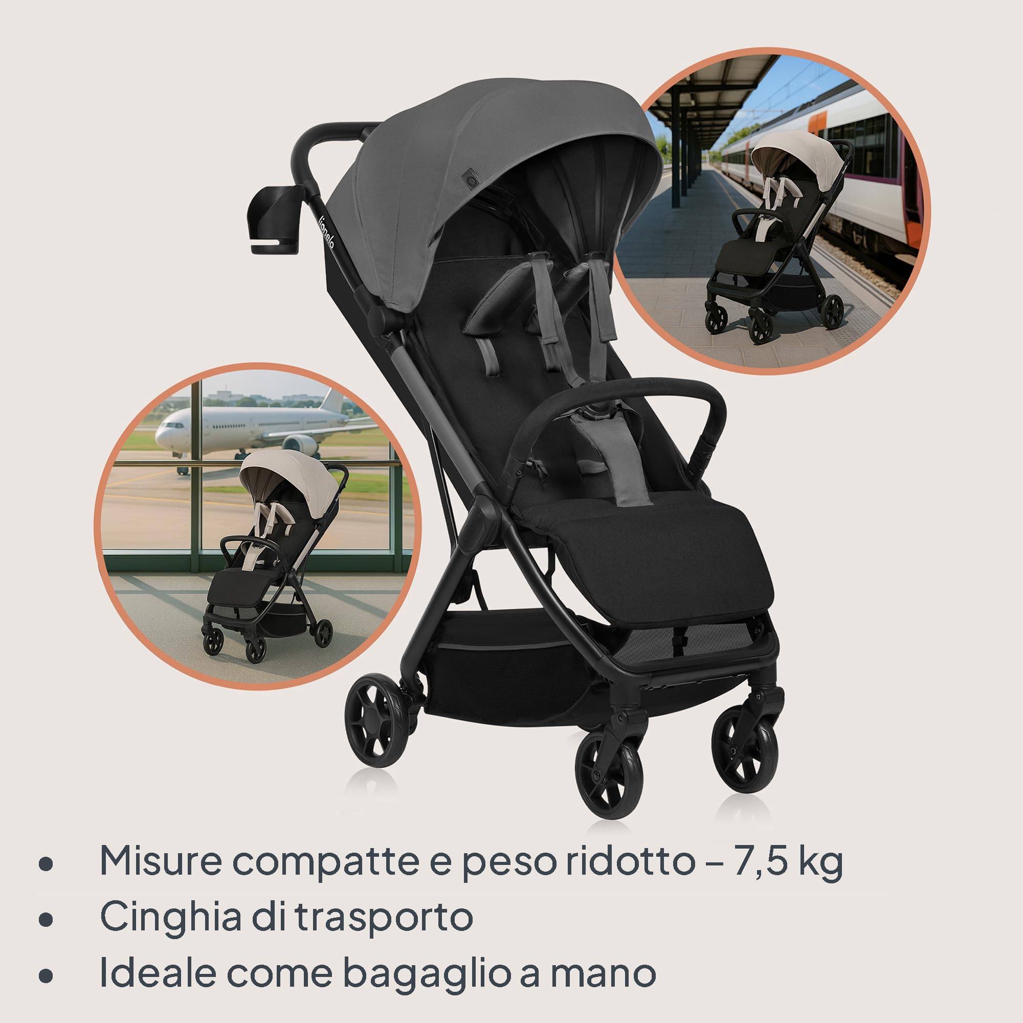 LIONELO Julie Air Passeggino da Viaggio per Aereo Pieghevole fino a 22 kg | Da 6 Mesi a 4 Anni, Leggero, Ruote Girevoli 360°, Sospensione, Chiusura a Una Mano, Schienale Regolabile, UPF50+